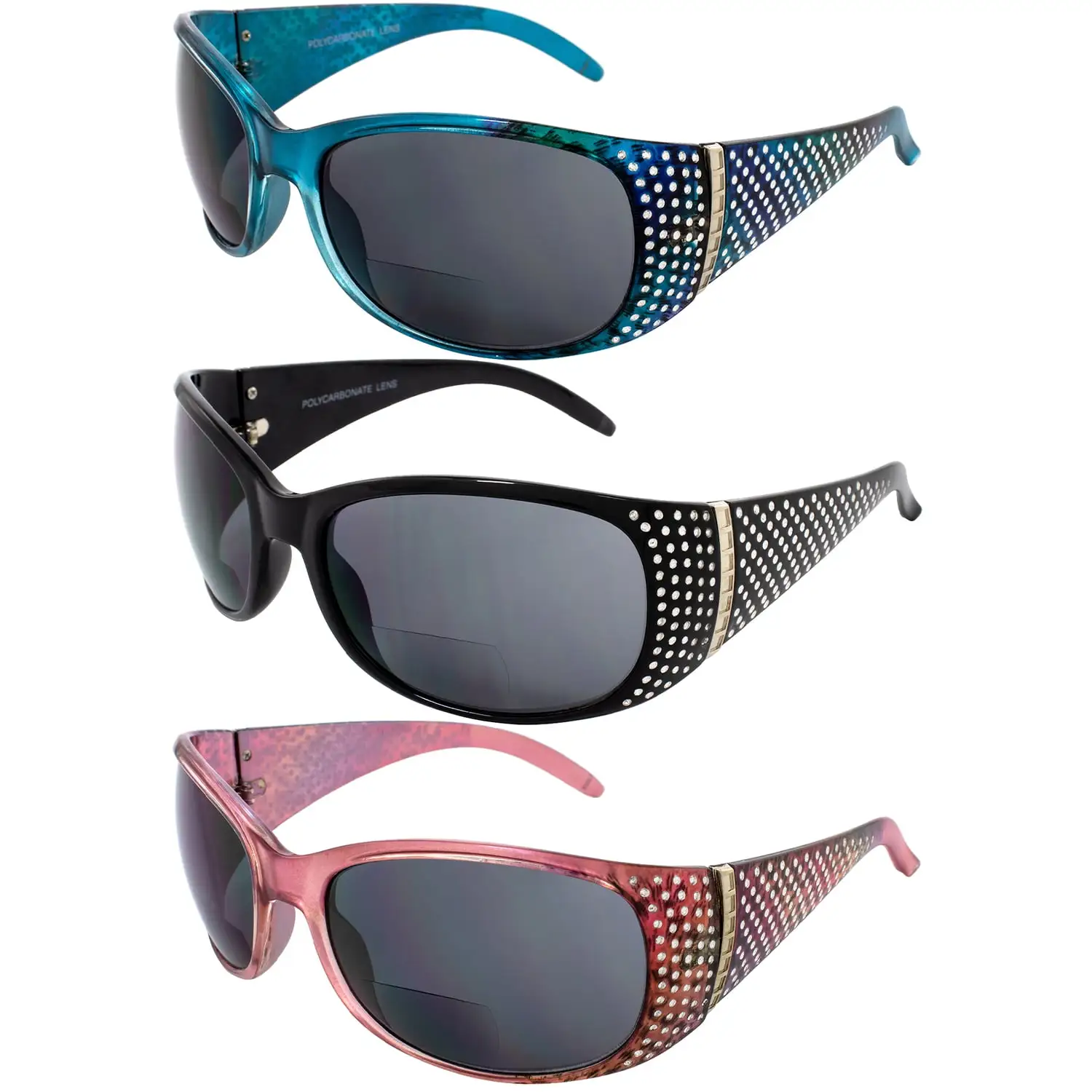 Set 3 Global Vision Galaxy Womens Bifocal Fashion Motorcycle Sunglasses Blue Black & Pink Frames 3.0 Magnification Smoke L...