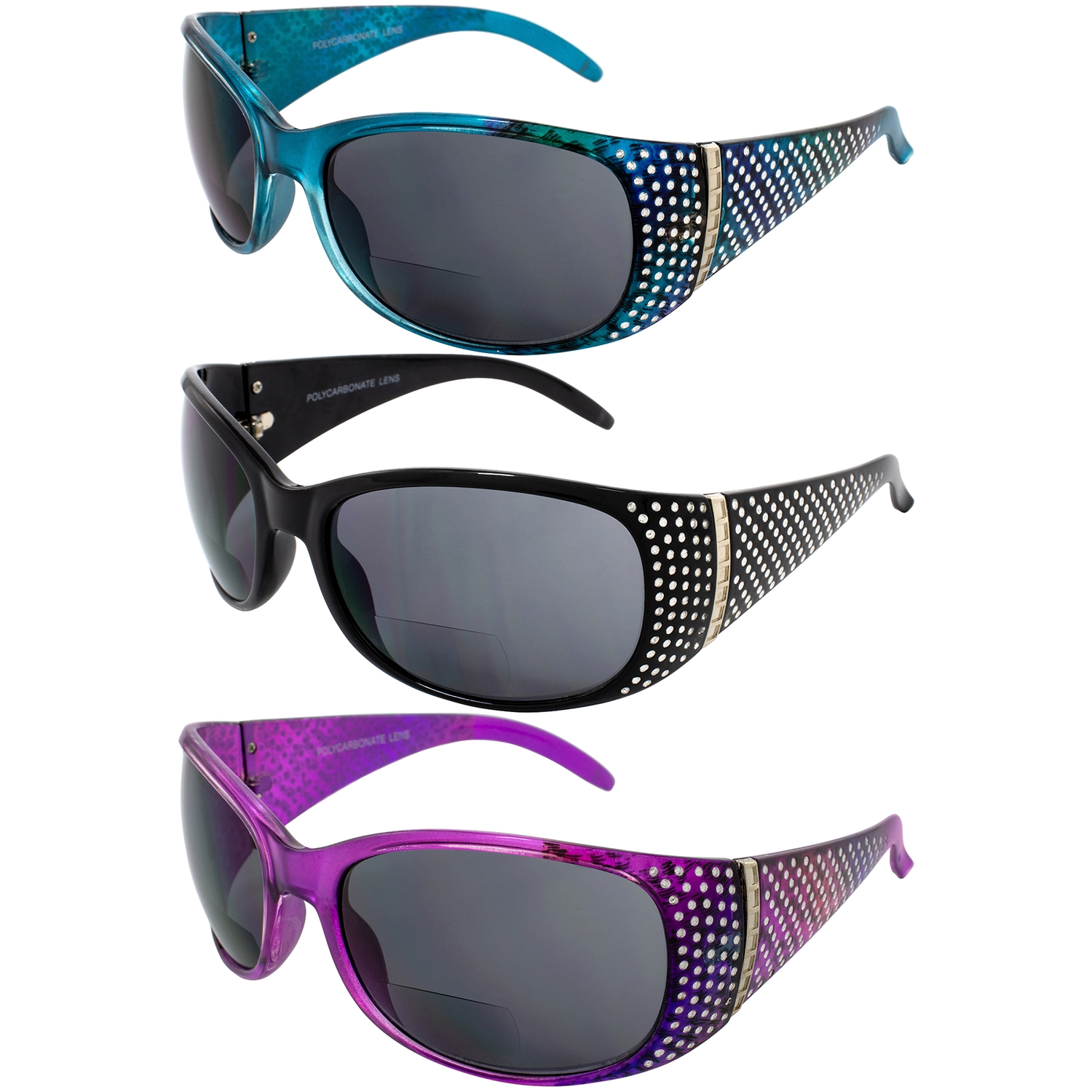Set 3 Global Vision Galaxy Womens Bifocal Fashion Motorcycle Sunglasses Blue Black & Lavender Frames 2.5 Magnification Smo...