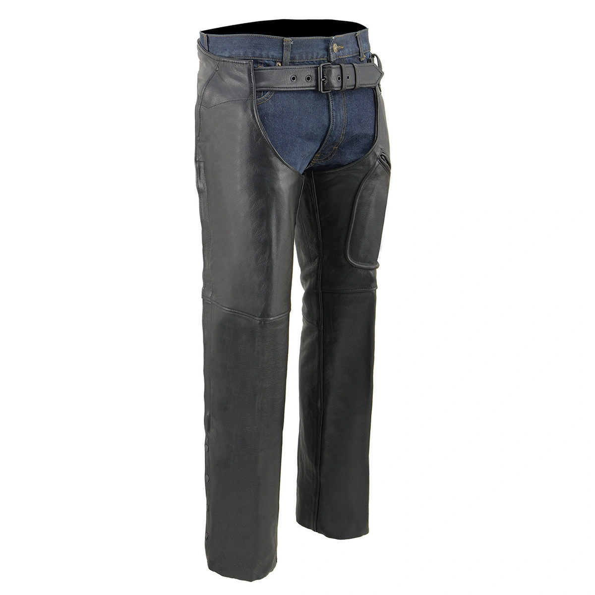 Milwaukee Leather Chaps Men's Black Leather 3-Front Pockets- Thigh Patch Pocket Motorcycle Riders Chap- LKM5780 4X-Large