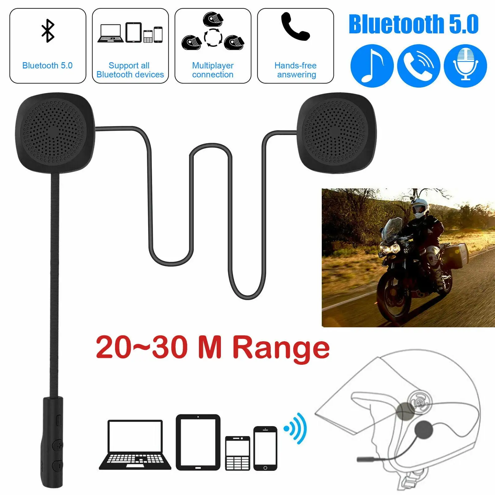Motorcycle Helmet Bluetooth Headset.Bluetooth 5.0.Waterproof Motorcycle Sports Headset.Speakers Hands Free.Music Call Cont...