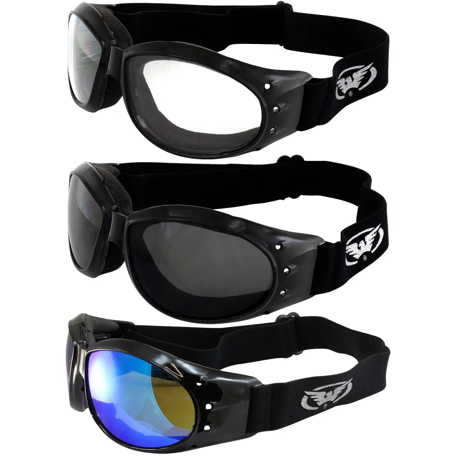 3 Pairs Global Vision Eliminator Deluxe Red Baron Style Padded Motorcycle Goggles Black Frames Smoke Clear Blue Mirror Lens