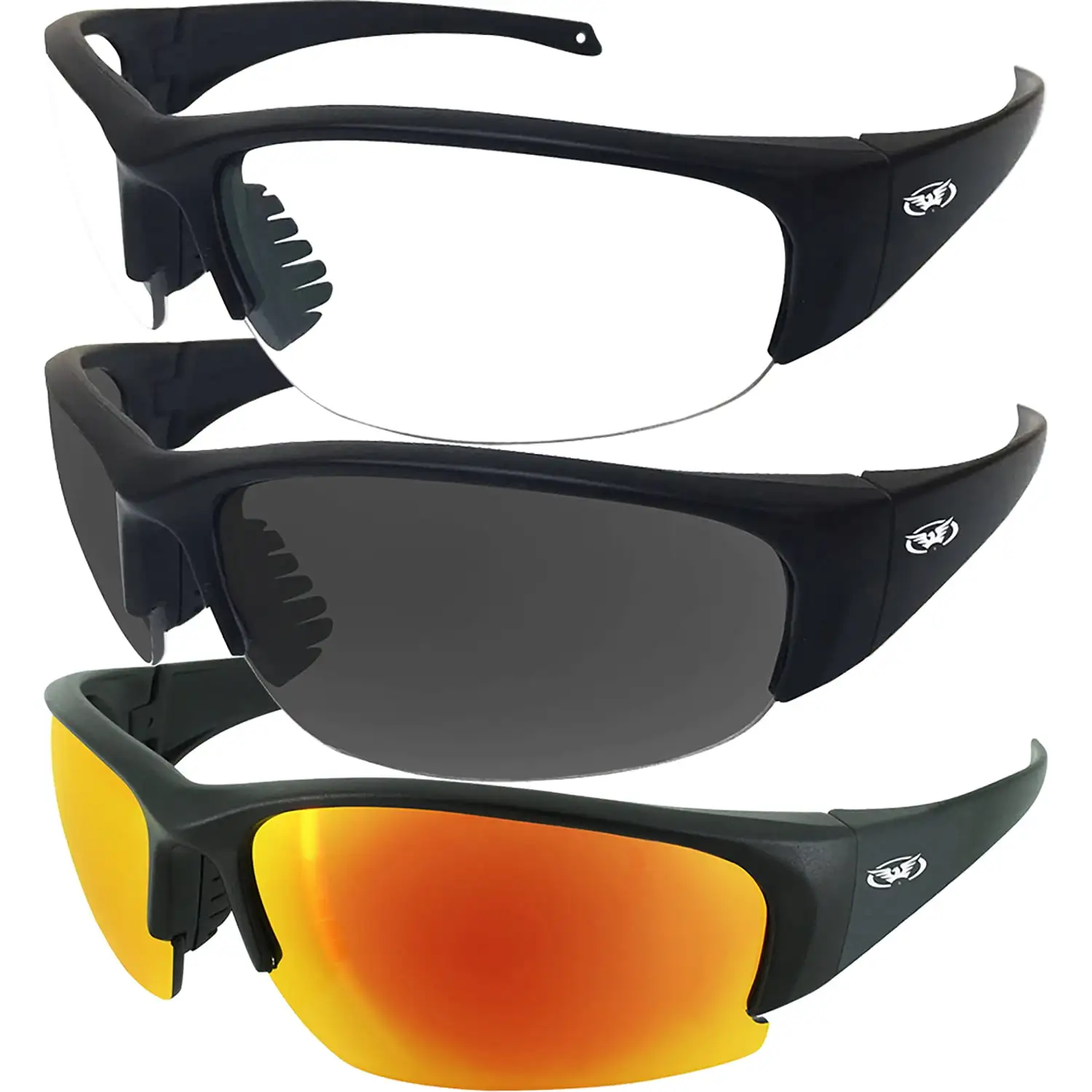 3 Pairs Global Vision Eyewear Eyedol Motorcycle Safety Sunglasses Black Frames Clear Smoke + G Tech Red Mirror Lenses
