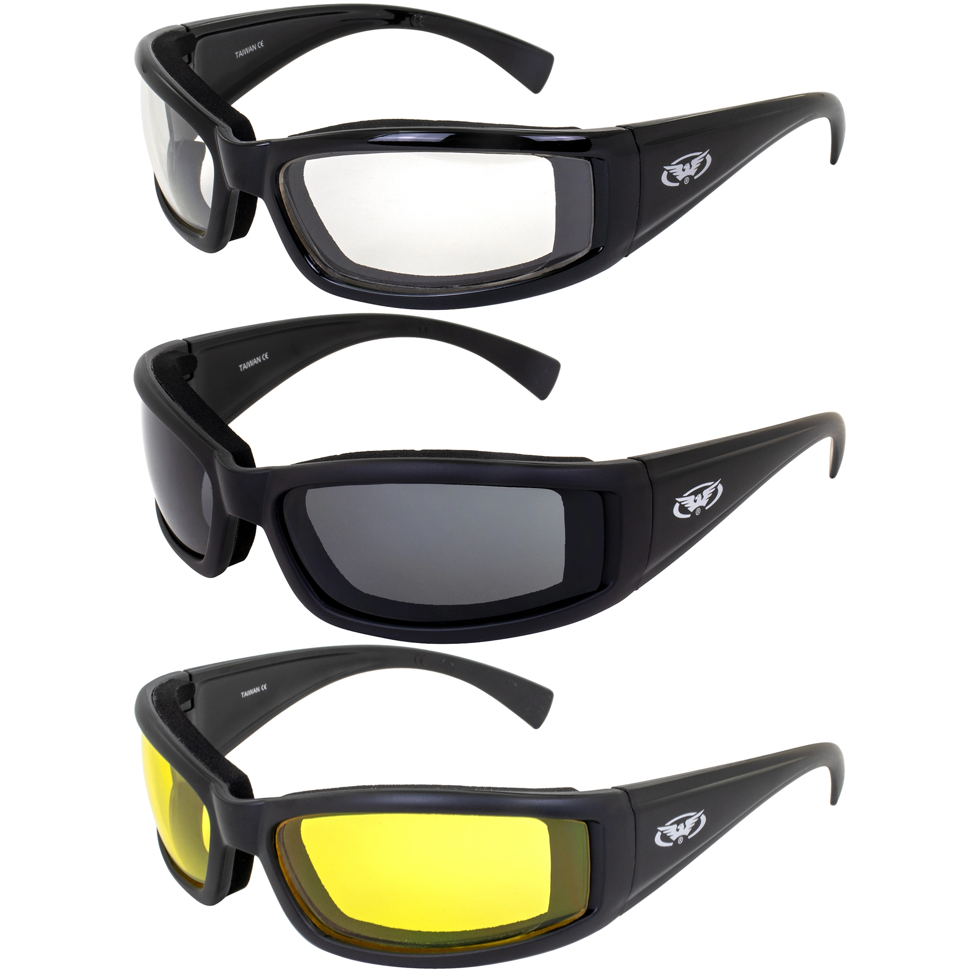 Set (3) Stray Cats Motorcycle Glasses Sunglasses Smoked Clear Yellow New Double Sided Anti Fog Coating Foam Padded UV400 M...