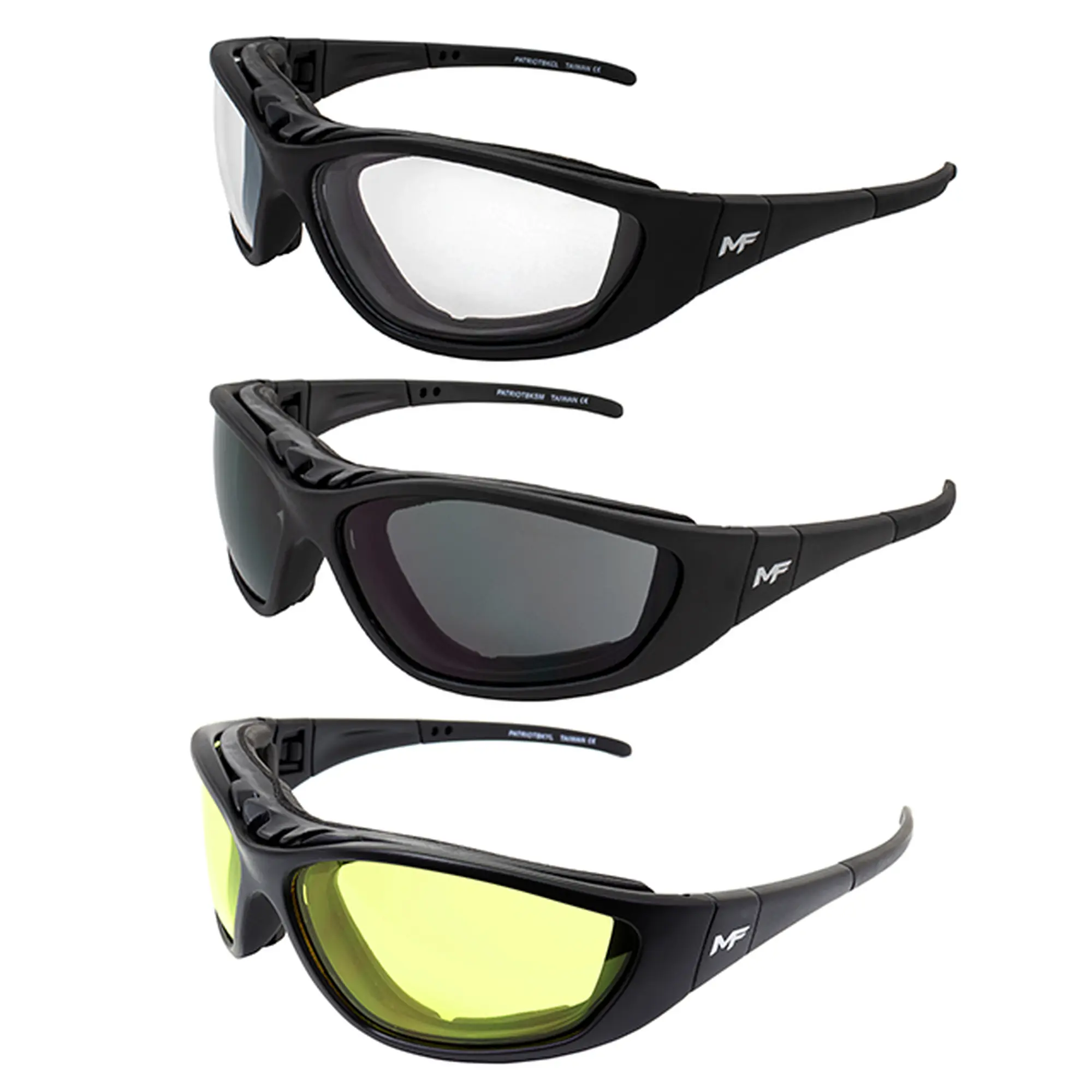 3 Pairs MF Eyewear Patriot Padded Motorcycle Riding Safety Sunglasses Black w/Clear Smoke & Yellow Lenses Z78.1+ Glasses C...