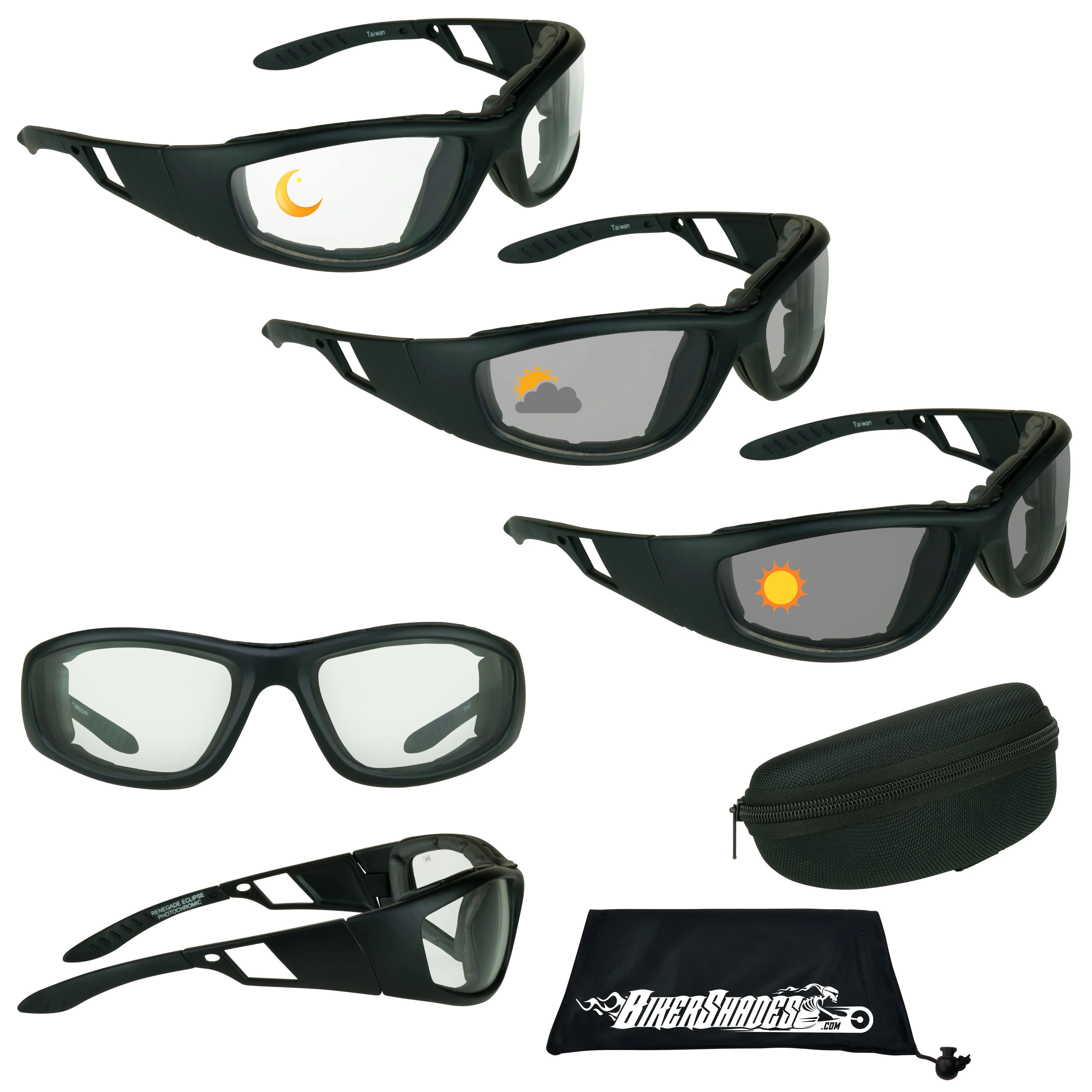 Bikershades Motorcycle Transitional Foam Padded Day Riding Photochromic Lenses and Foam Sunglasses w/ Hard Case