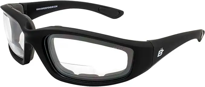 Birdz Eyewear Oriole Padded Safety Bifocal Motorcycle Glasses Black Frame Clear Lenses 1.5 Magnification Carry Bag