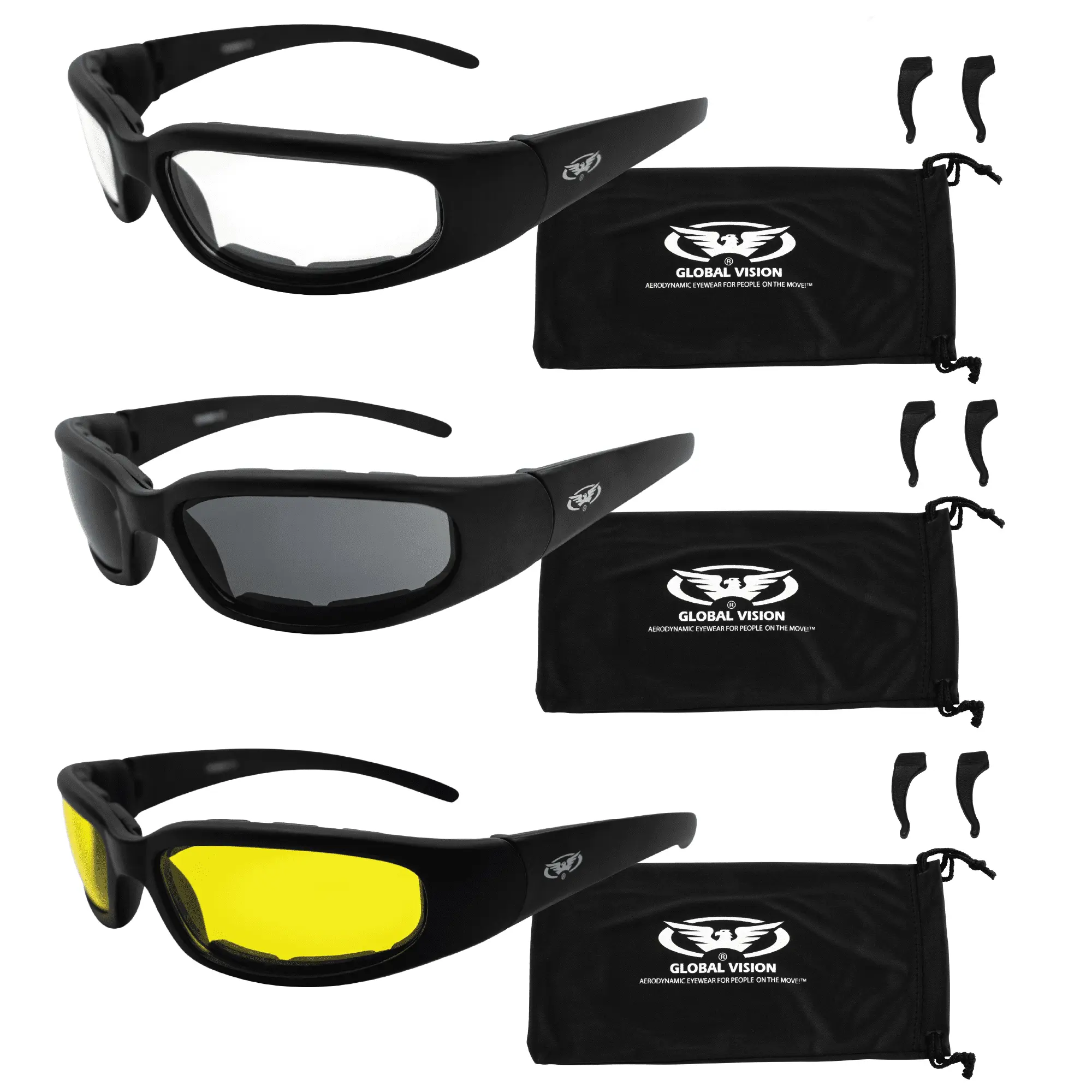 3 PAIRS - Chicago Foam Padded Motorcycle Sunglasses - FREE Rubber EAR LOCKS and Microfiber Cleaning/Storage Pouch - GLOSS ...