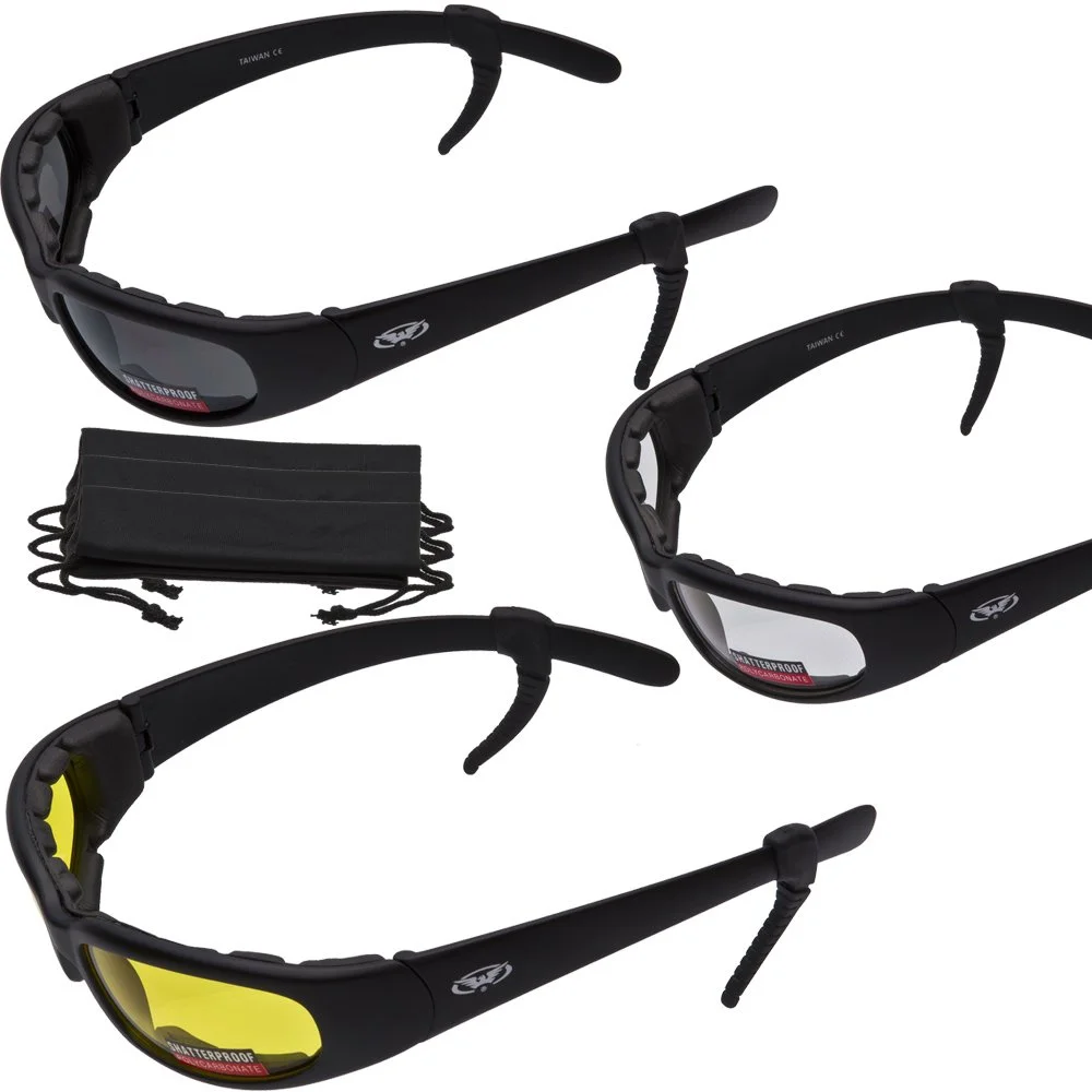3 PAIRS - Chicago Foam Padded Motorcycle Sunglasses - FREE Rubber EAR LOCKS and Microfiber Cleaning/Storage Pouch - MATTE ...