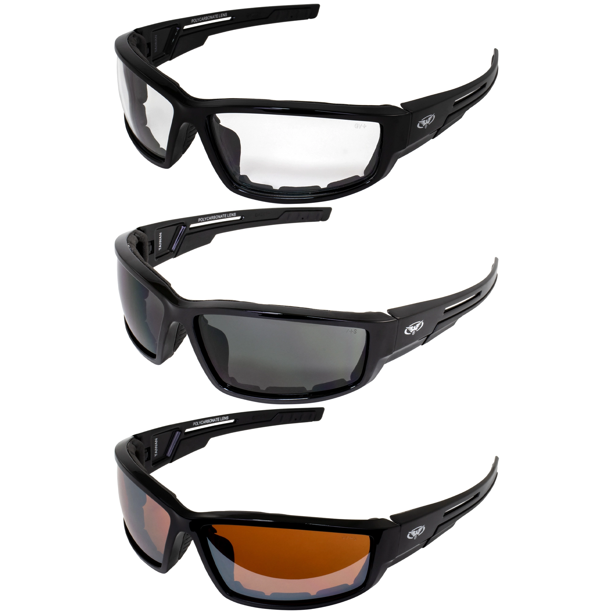 3 Pairs Global Vision Sly Motorcycle Safety Sunglasses Black Frames Clear Smoke & Driving Mirror Lenses