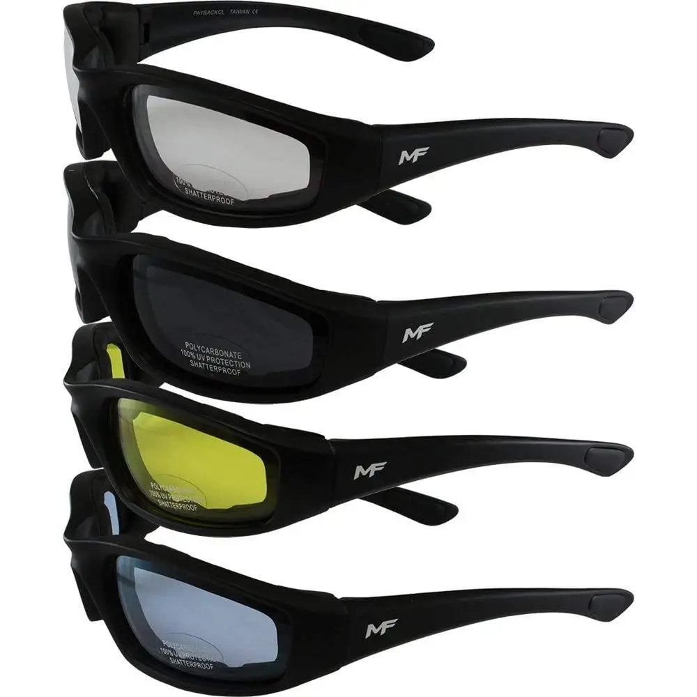 4 PAIRS: PADDED MOTORCYCLE RIDING GLASSES - DAY NIGHT SMOKE CLEAR YELLOW BLUE Shatterproof Lenses Glossy Black Frame Scrat...
