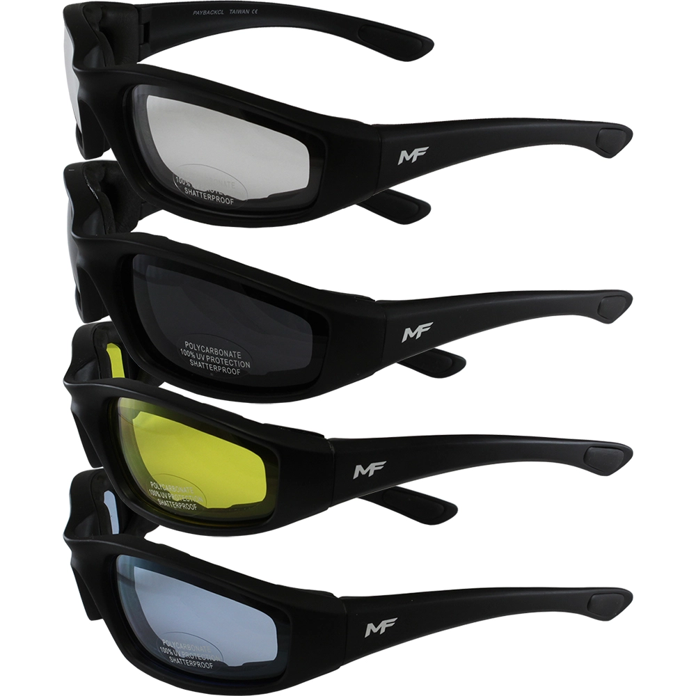 4 Pairs Smoke Clear Yellow Blue Padded Motorcycle Riding Glasses - Shatterproof Lenses Glossy Black Frame Scratch Resistan...