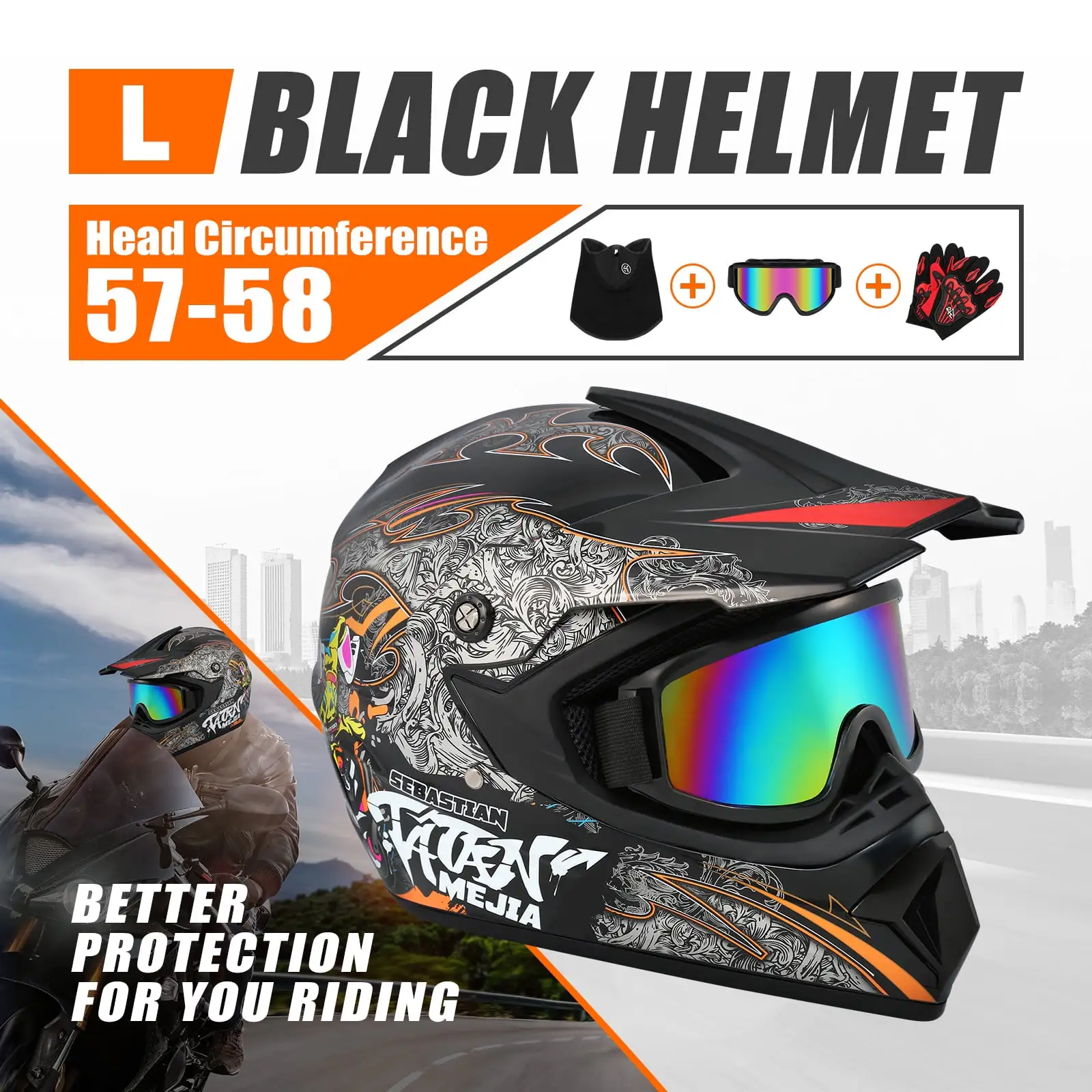 Adult ATV Motocross Full Face Helmet Street Dirt Bike Off Road L Black ABS None
