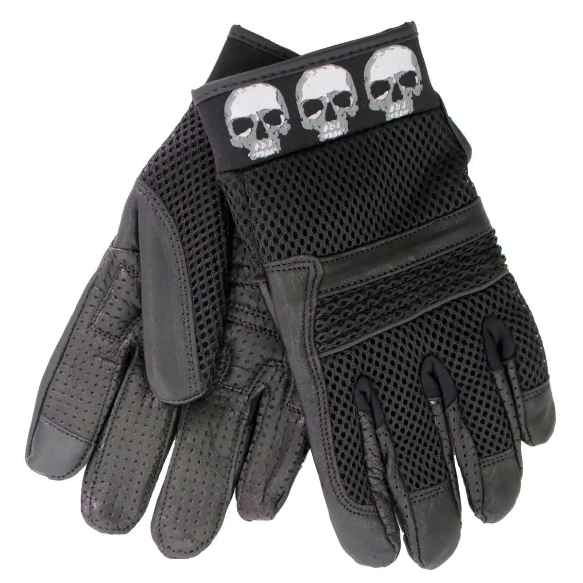 Hot Leathers GVM1301 Uni-Sex Black 'Row Skulls' Leather and Mesh Gloves i-Touch Screen Large S
