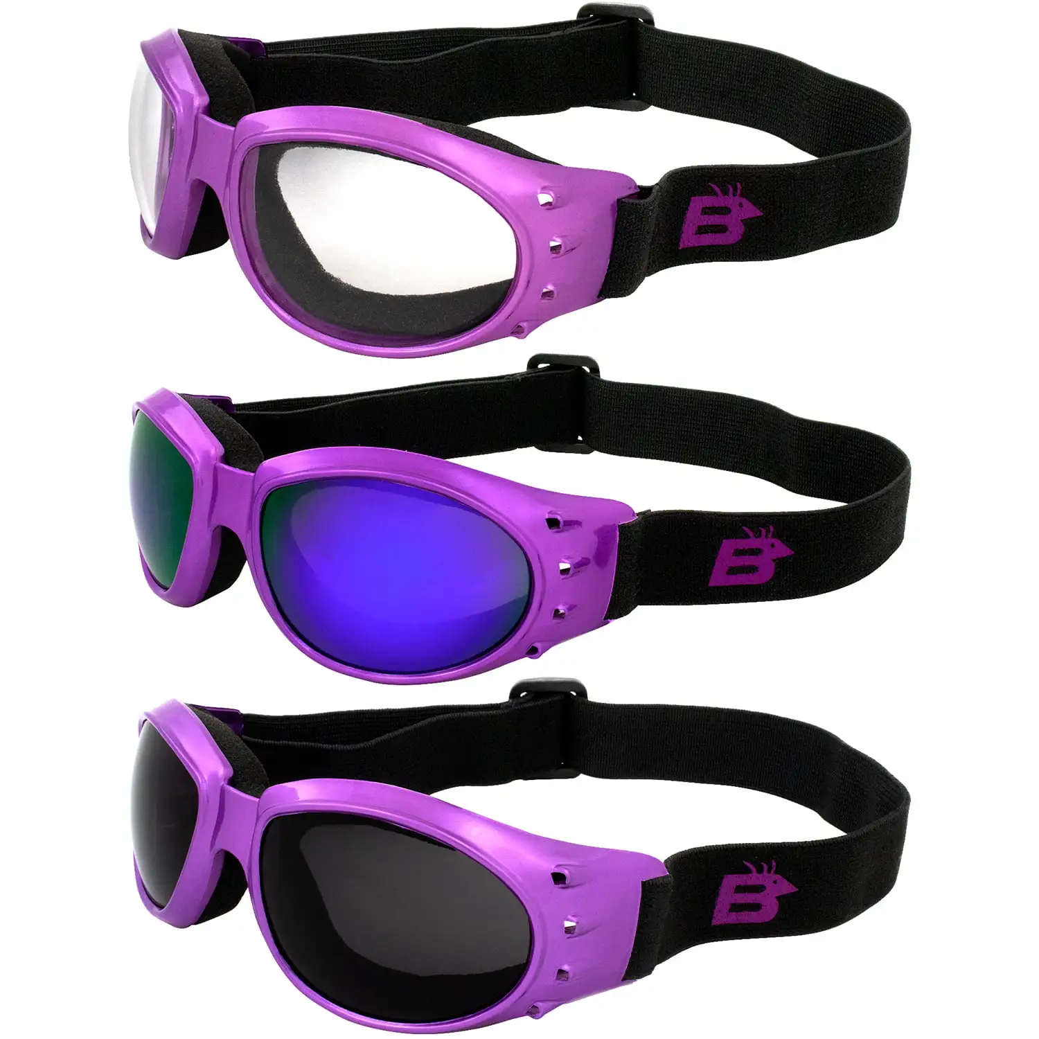 3 Pairs Birdz Eyewear Eagle Women's Purple Airy Foam Padded Motorcycle Goggles Smoke Clear & Purple ReflecTech Mirror Lenses