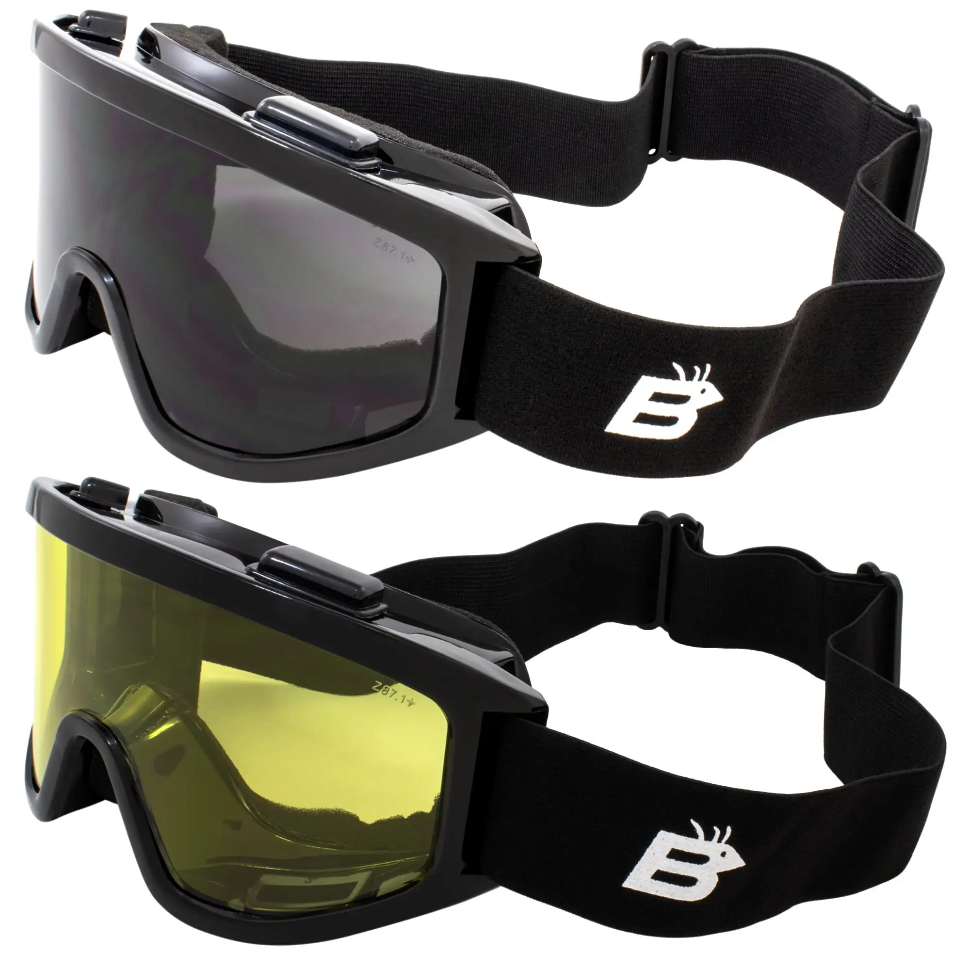 2 Pairs Birdz Eyewear Padded Fit Over Motorcycle Goggles Anti-Fog Shatterproof Smoke and Yellow Lenses UV400