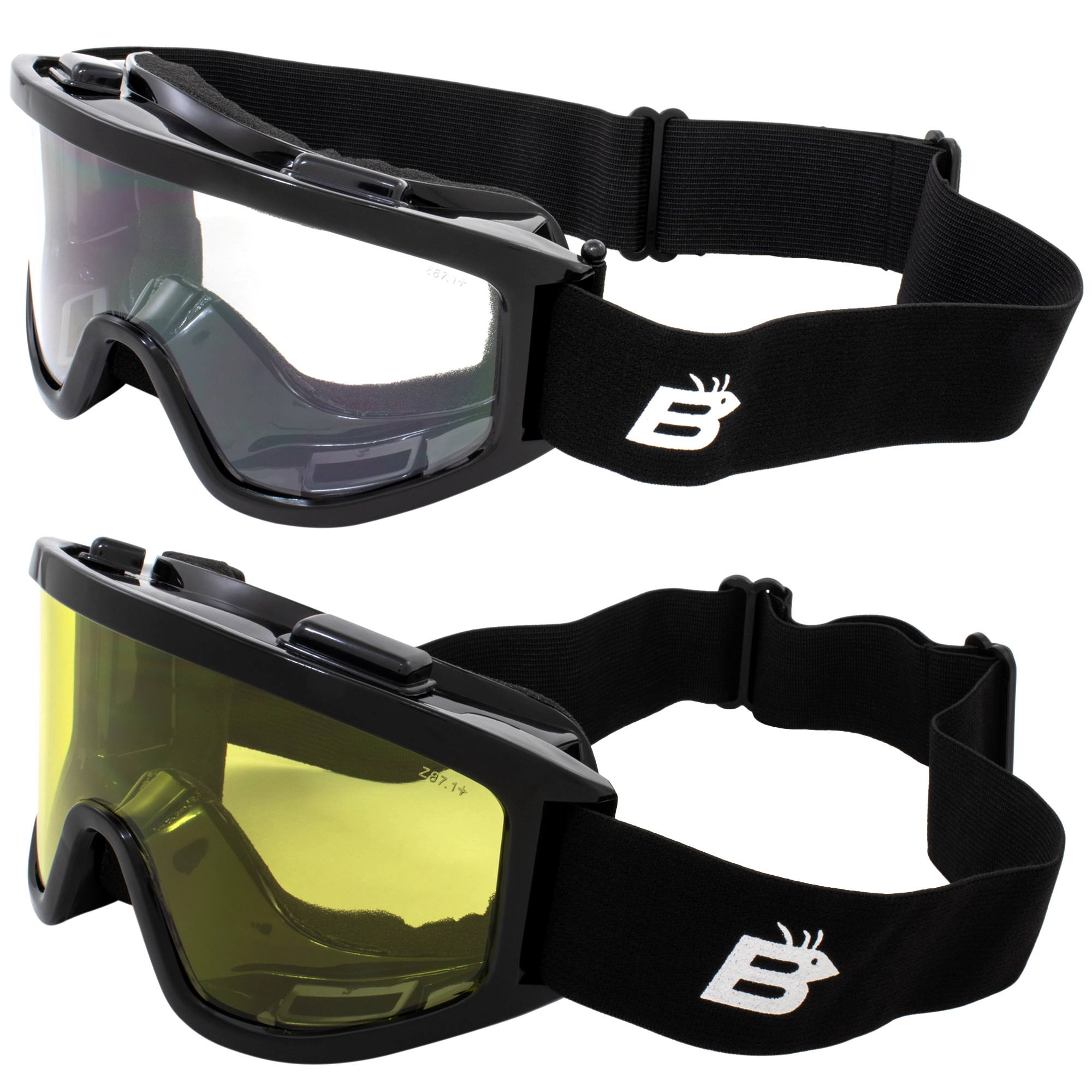 2 Pairs Birdz Eyewear Padded Fit Over Motorcycle Goggles Anti-Fog Shatterproof Clear and Yellow Lenses UV400