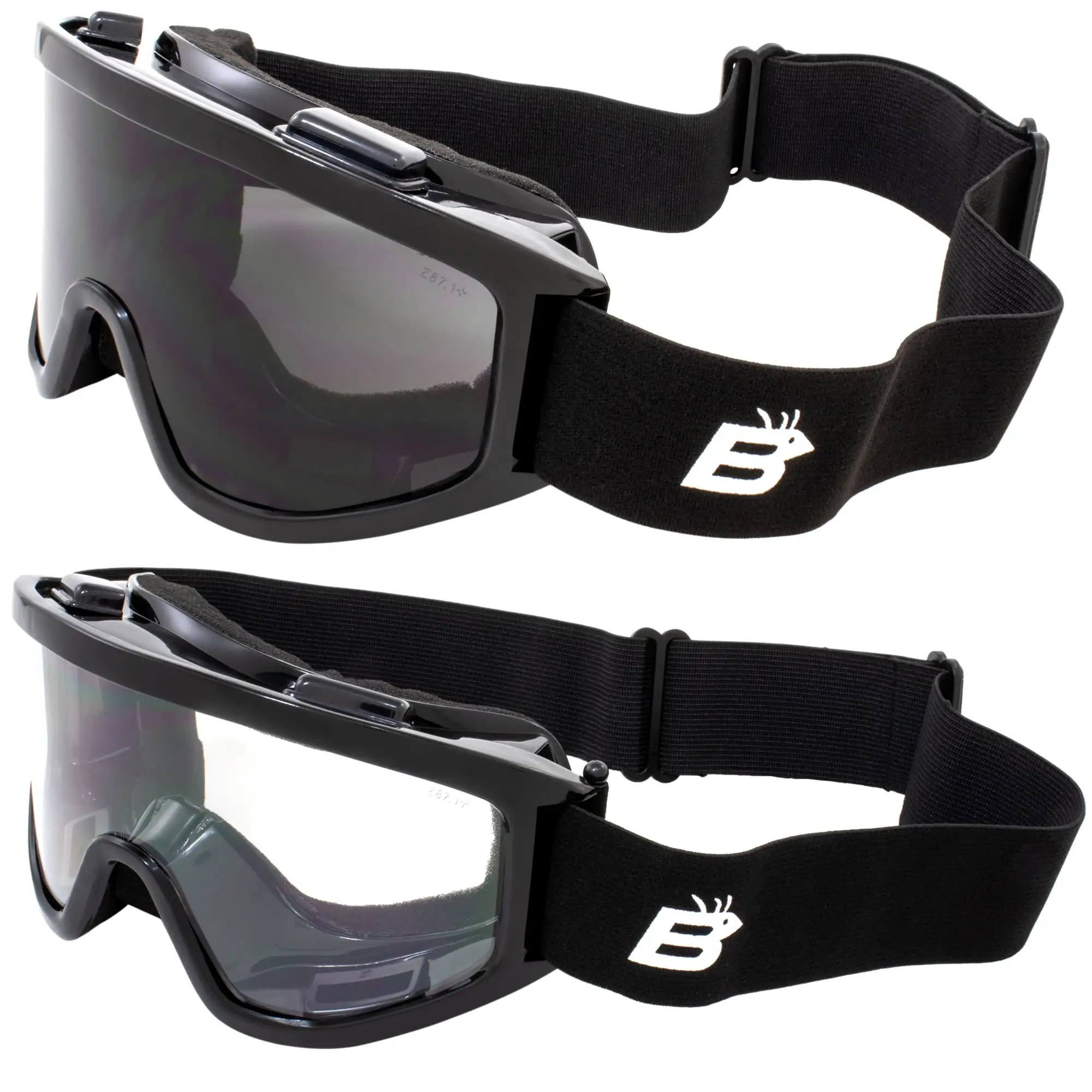 2 Pairs Birdz Eyewear Vulture Padded Fitover Motorcycle Goggles Anti Fog Shatterproof Black Frame Smoke & Clear Lens