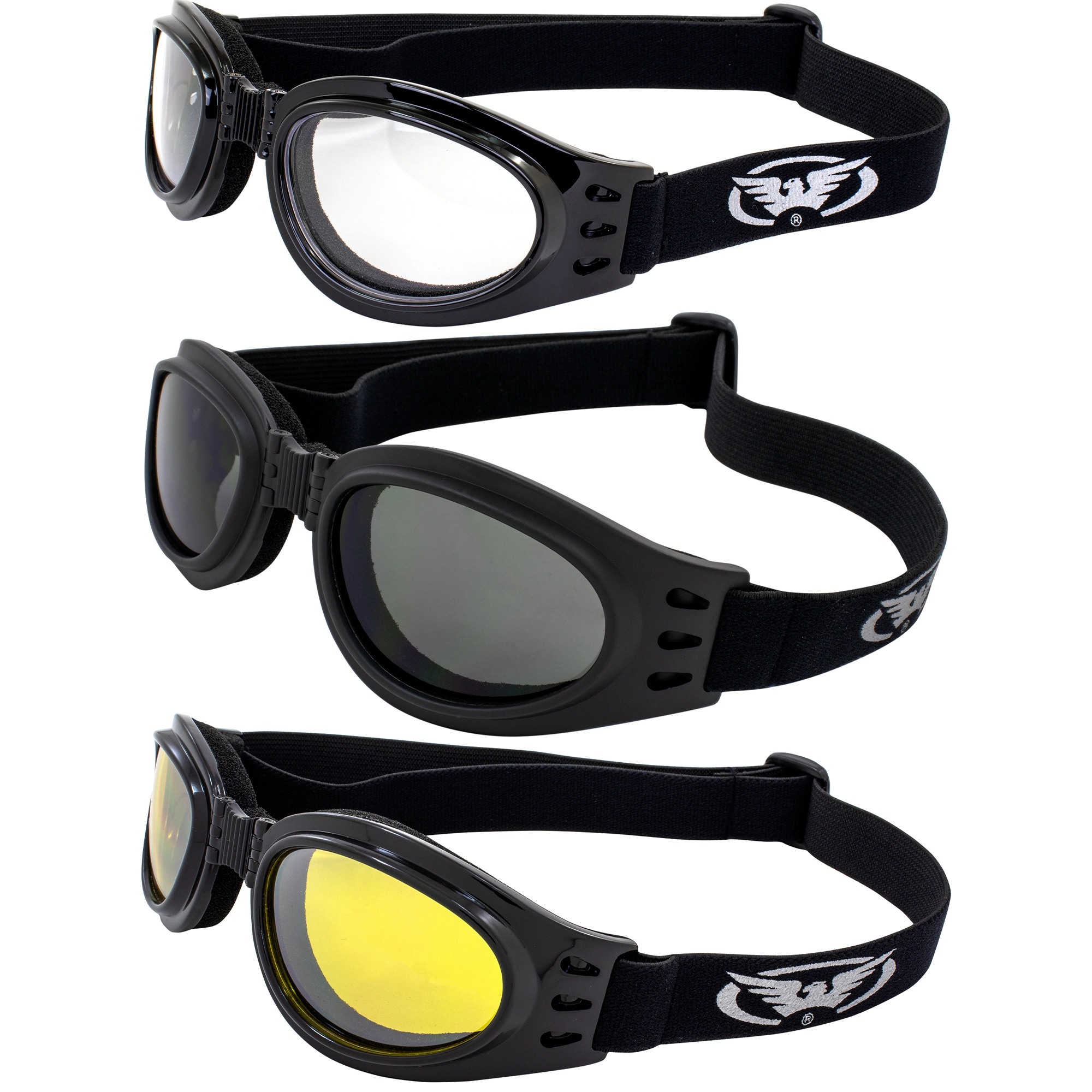 3 Burning Man Motorcycle Goggles That Fold Easy Storage Clear Smoked Yellow Mirrored Burning Man Global Vision