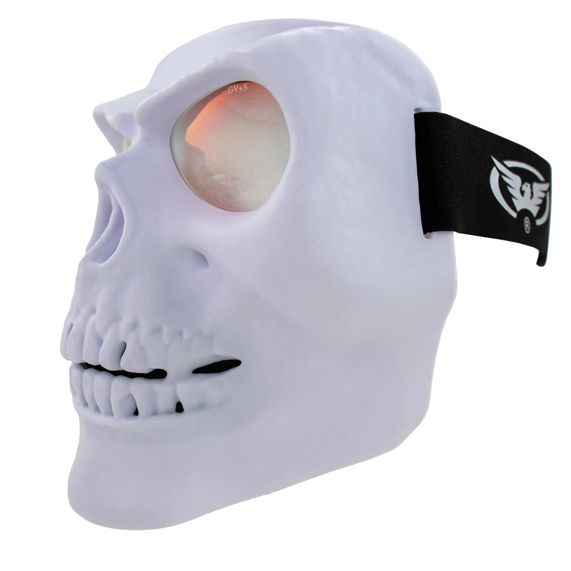 Global Vision Skull Mask Motorcycle Riding Goggles Full Face Coverage White Frame w/ Clear Red Coated Mirror Lenses