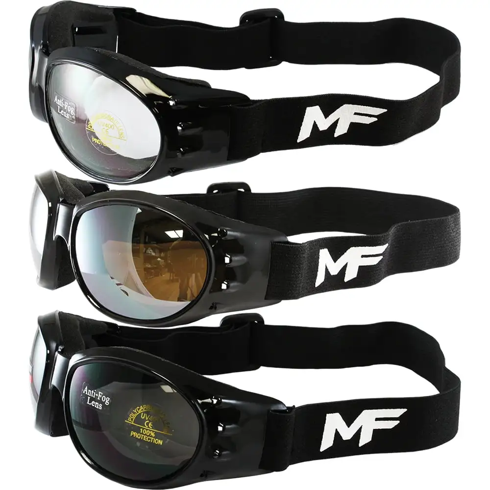 3 Pairs MotoFrames MF Vulcan Padded Motorcycle Goggles Black Frames. Clear/Driving Mirror/Smoke Lenses