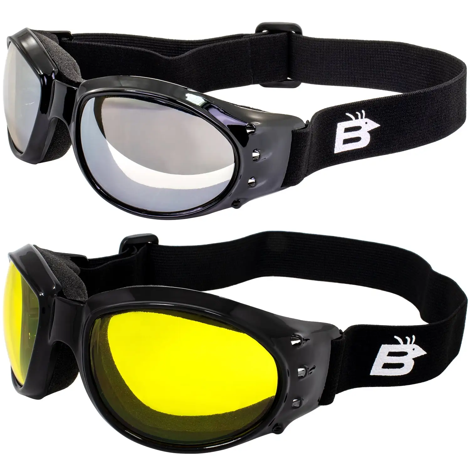 2 Pairs Birdz Eyewear Padded Motorcycle Riding Goggles Black Frames Clear Mirror & Yellow Lenses