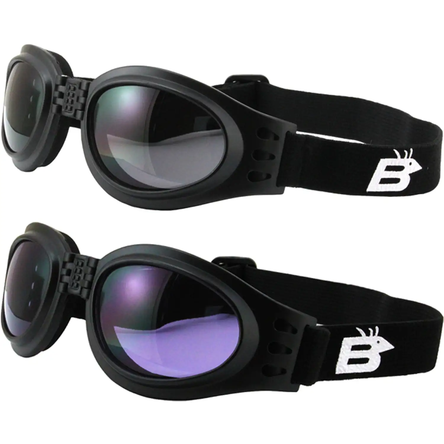 2 Pairs Birdz Eyewear Parrot Black Folding Padded Motorcycle Goggles Smoke & Purple Lenses Men & Women