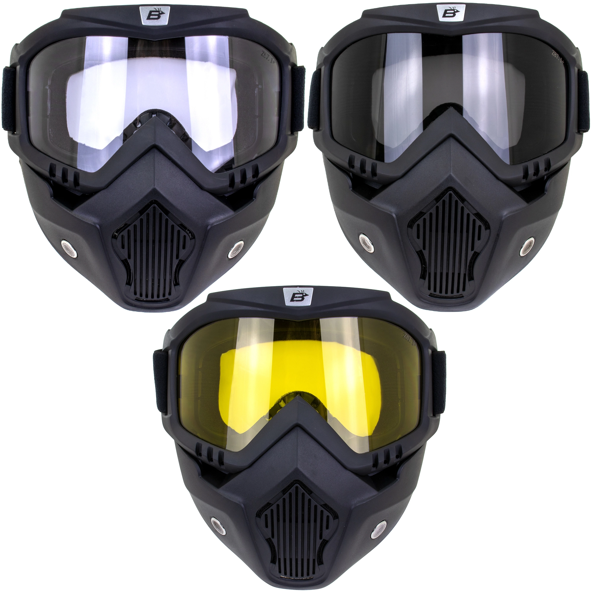 Three Pairs Birdz Eyewear Skylark Motorcycle Goggles Removable Face Mask Black Frames One Pair Clear Lens One Pair Smoke L...