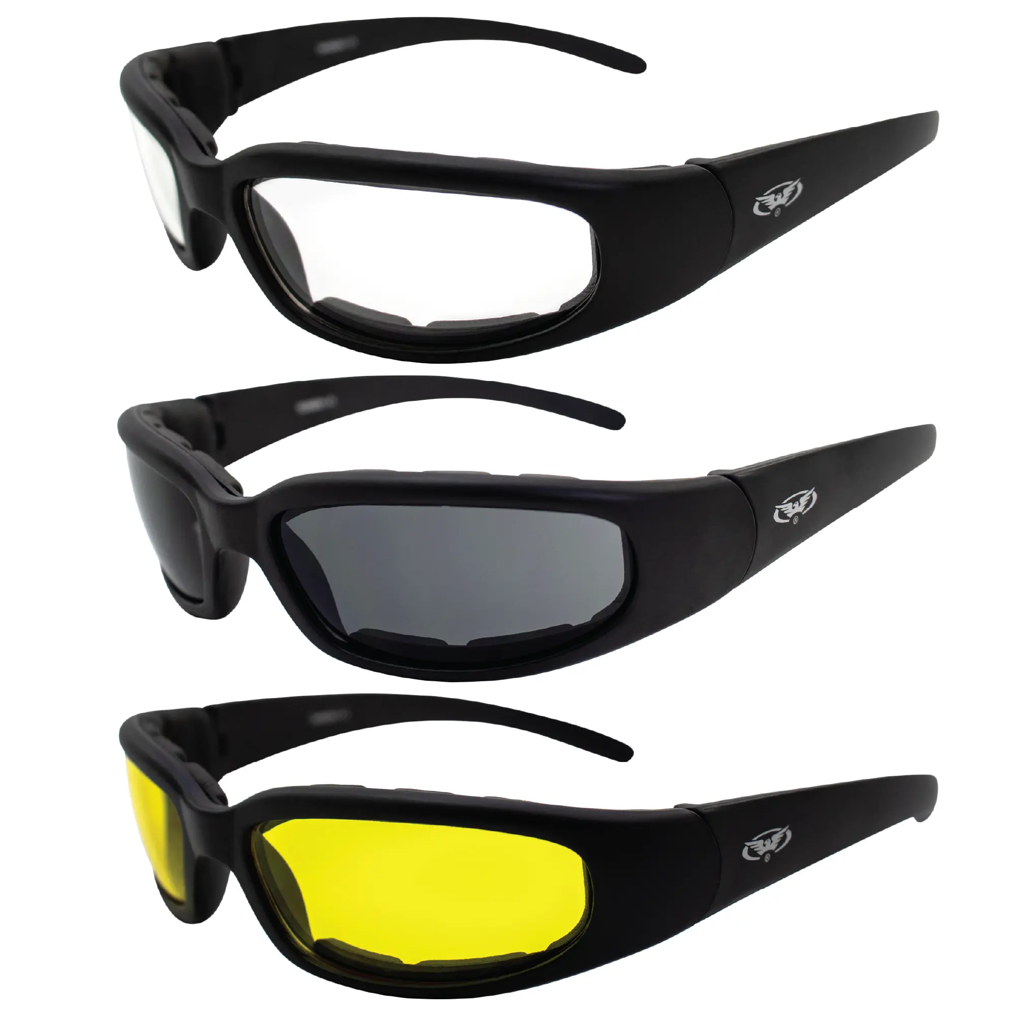 (3) New Size Small Motorcycle Glasses Clear Smoked Yellow Have UV400 Foam Padded Black Frame Great Dust Storms Cahhca
