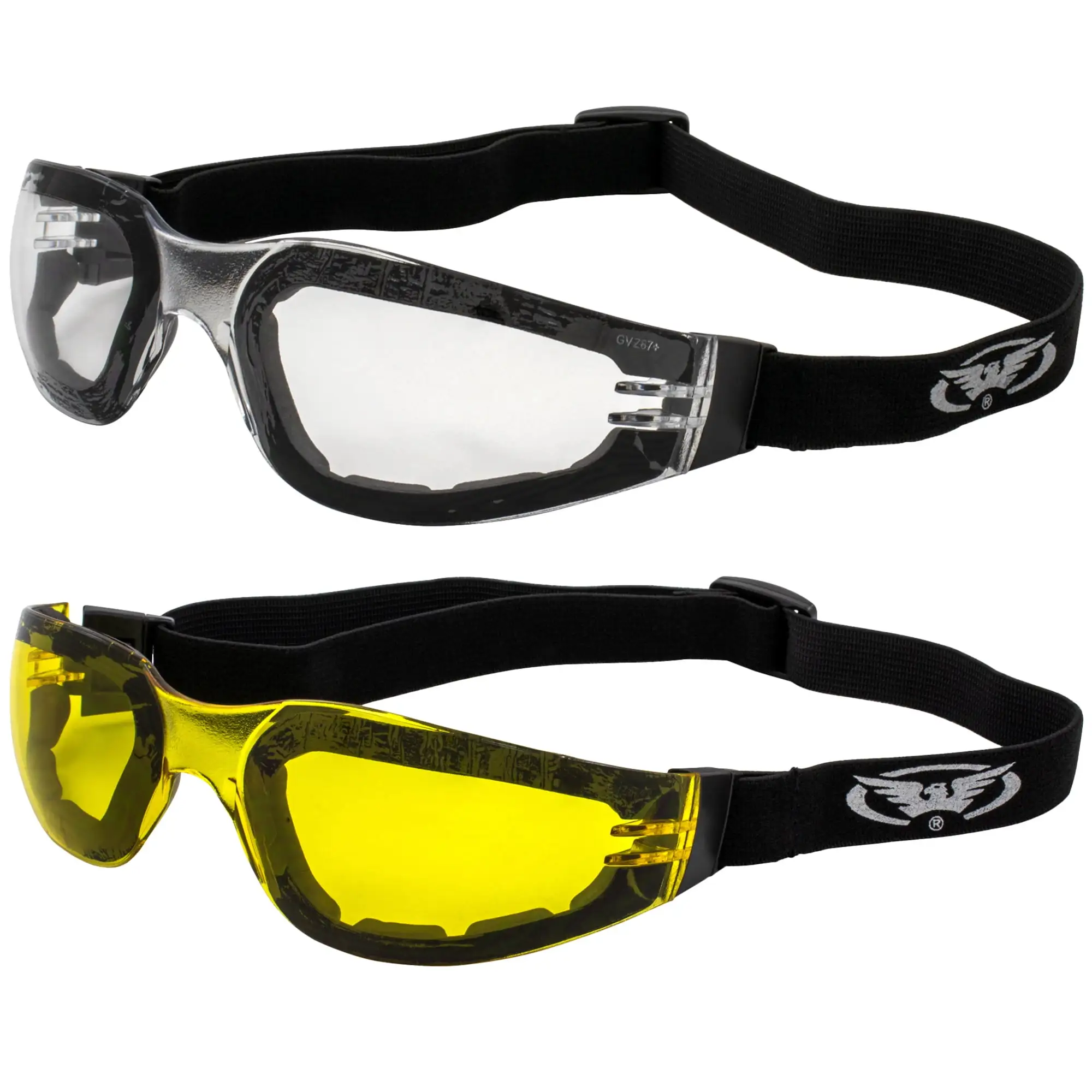 Global Vision 2 Pair Ideal Foam Padded Riding Motorcycle Safety Goggles ANSI Z87.1 Black Clear & Yellow Lenses