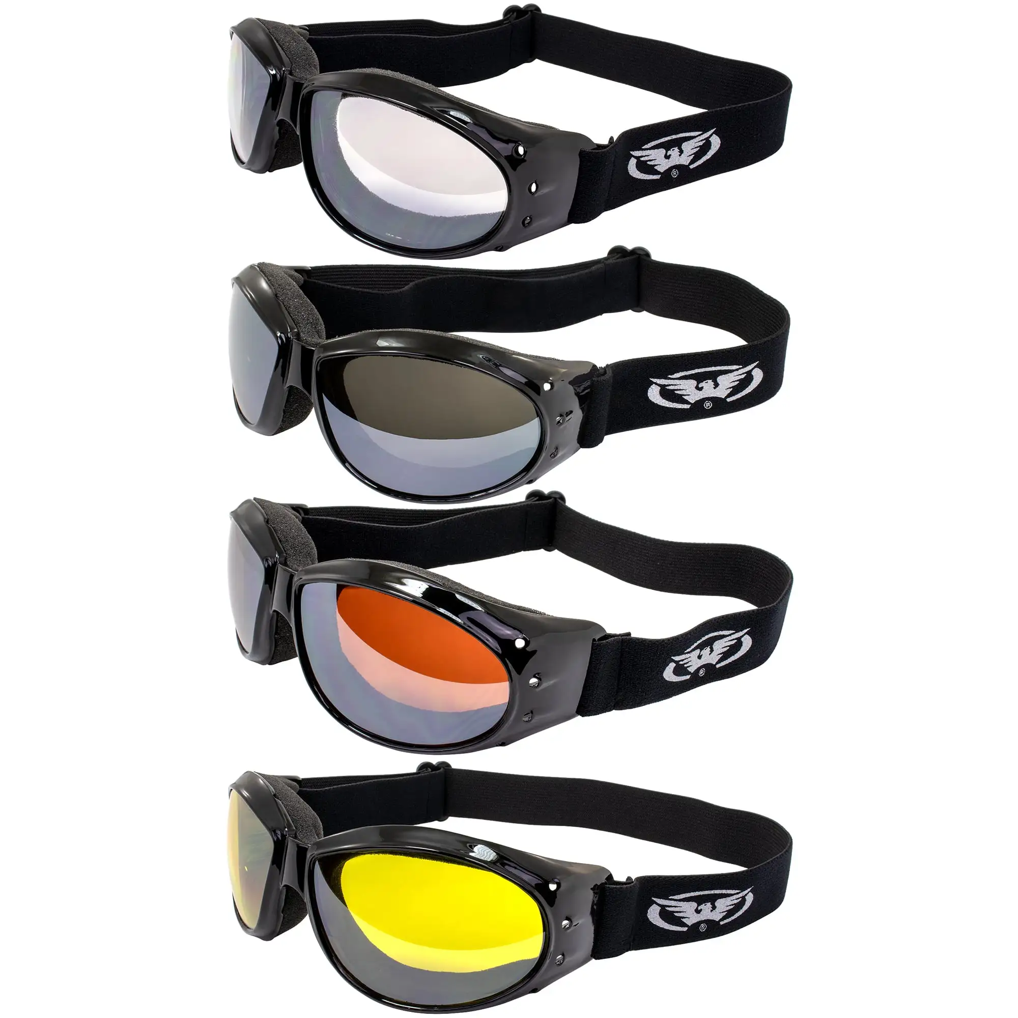 4 Pair Global Vision Eliminator Padded Motorcycle Riding Goggles ANSI Z87.1 Anti-Fog Black Frames Clear. Flash Mirror. Yel...