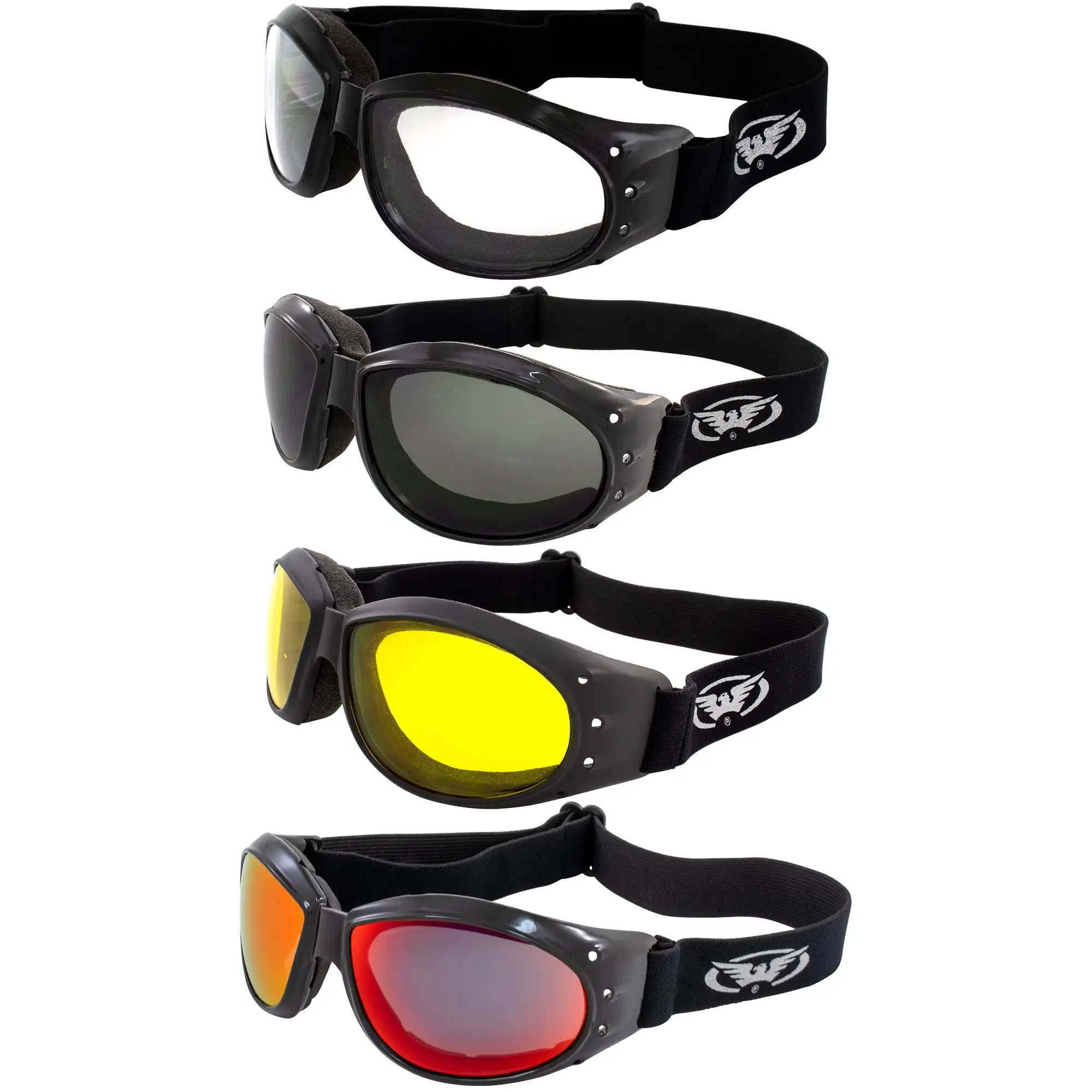 4 Pairs Global Vision Eliminator Padded Motorcycle Goggles Black Frames Clear Smoke Yellow & G-Tech Red Mirror Lenses