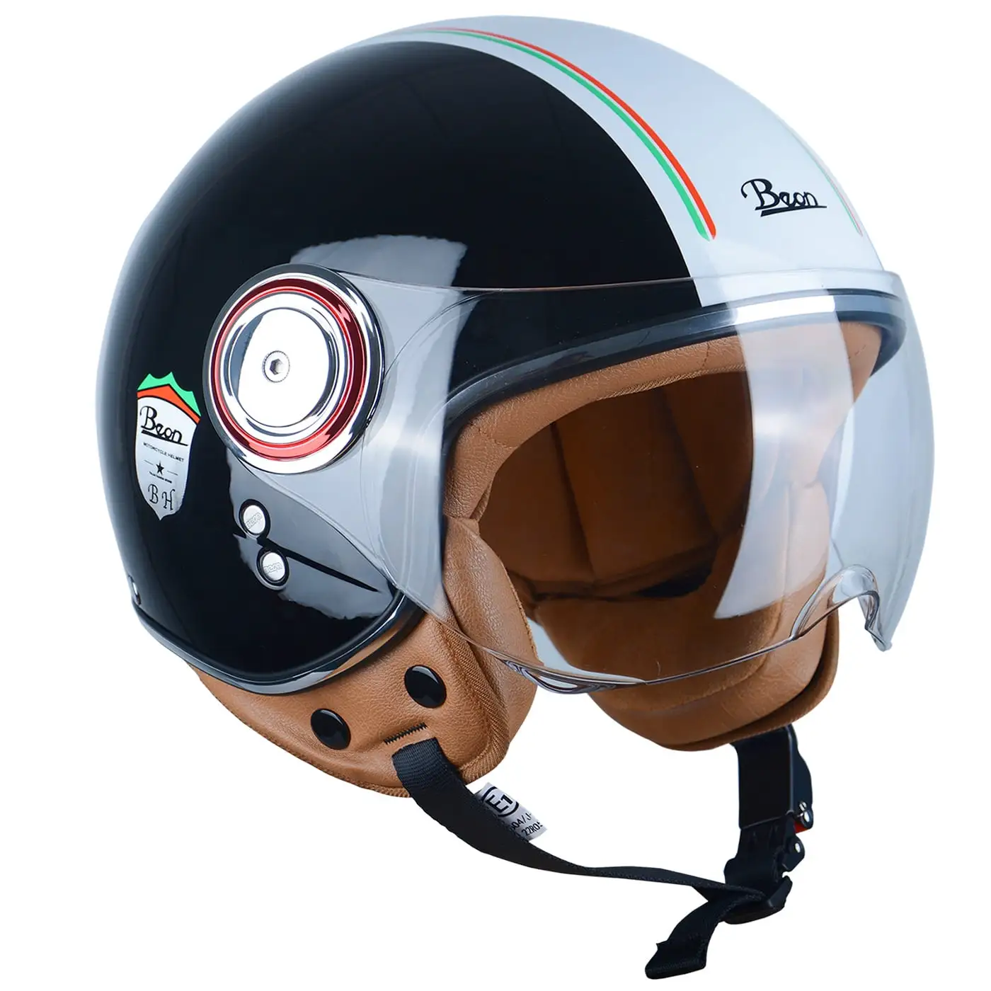 BEON Half Face Retro Vintage Motorcycle Helmet Anti-Scratch Visor Adults Moped Vespa. DOT & ECE Approved M