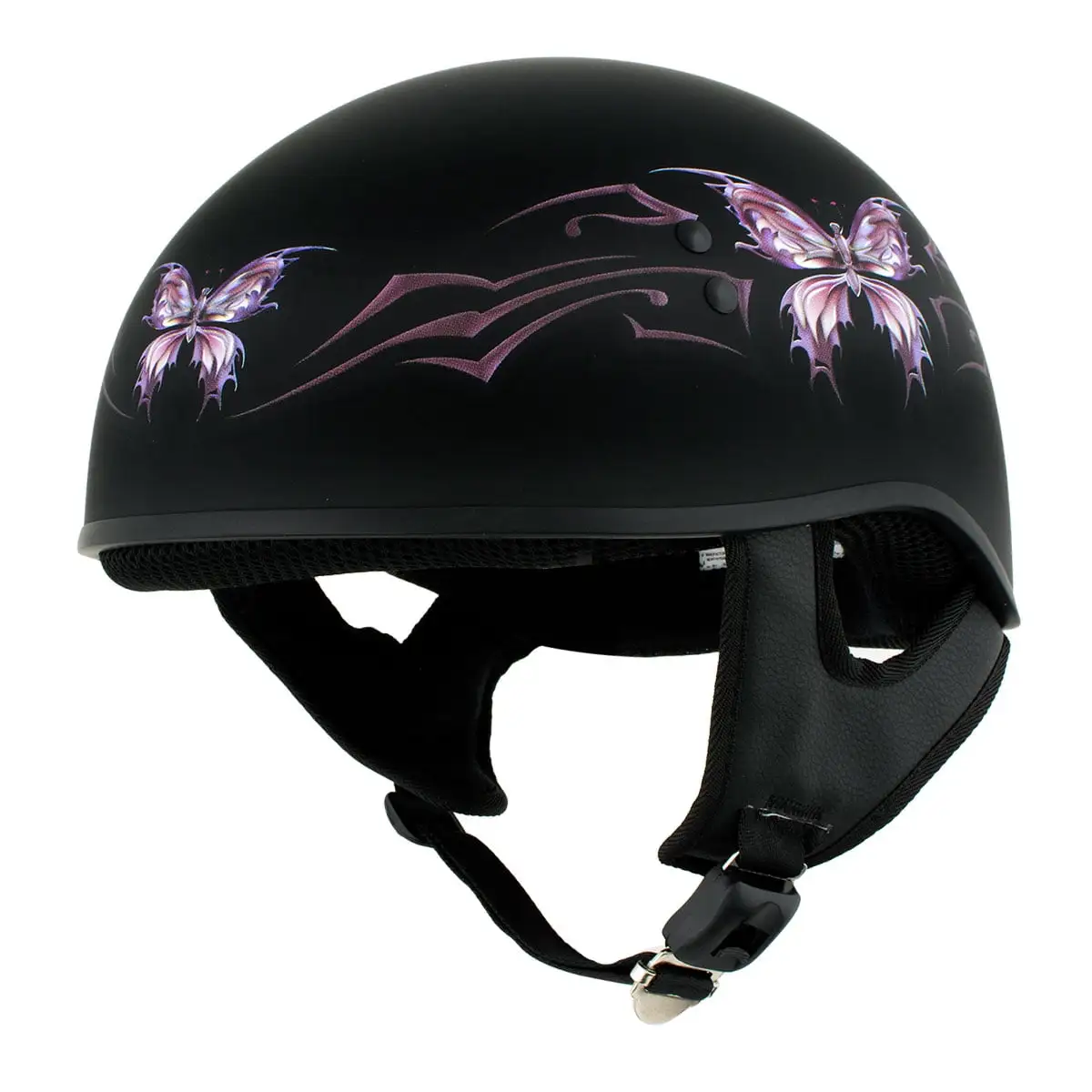 Hot Leathers HLD1052 New Purple Butterfly Flat Black Motorcycle DOT Skull Cap Half Helmet Men and Women Biker Large Xs