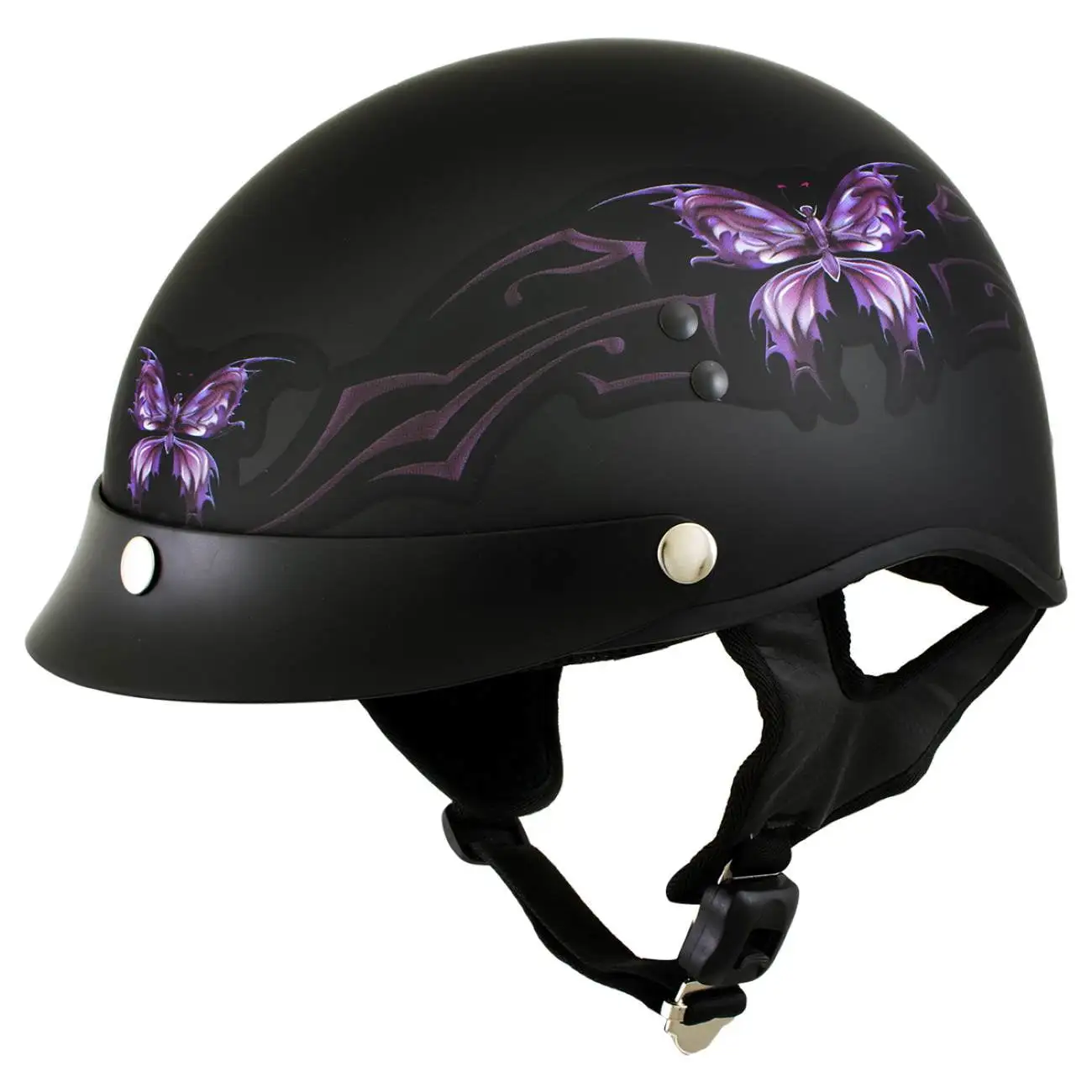Hot Leathers HLT70 'Purple Butterfly' Flat Black Advanced DOT Motorcycle Half Face Biker Helmet Xs