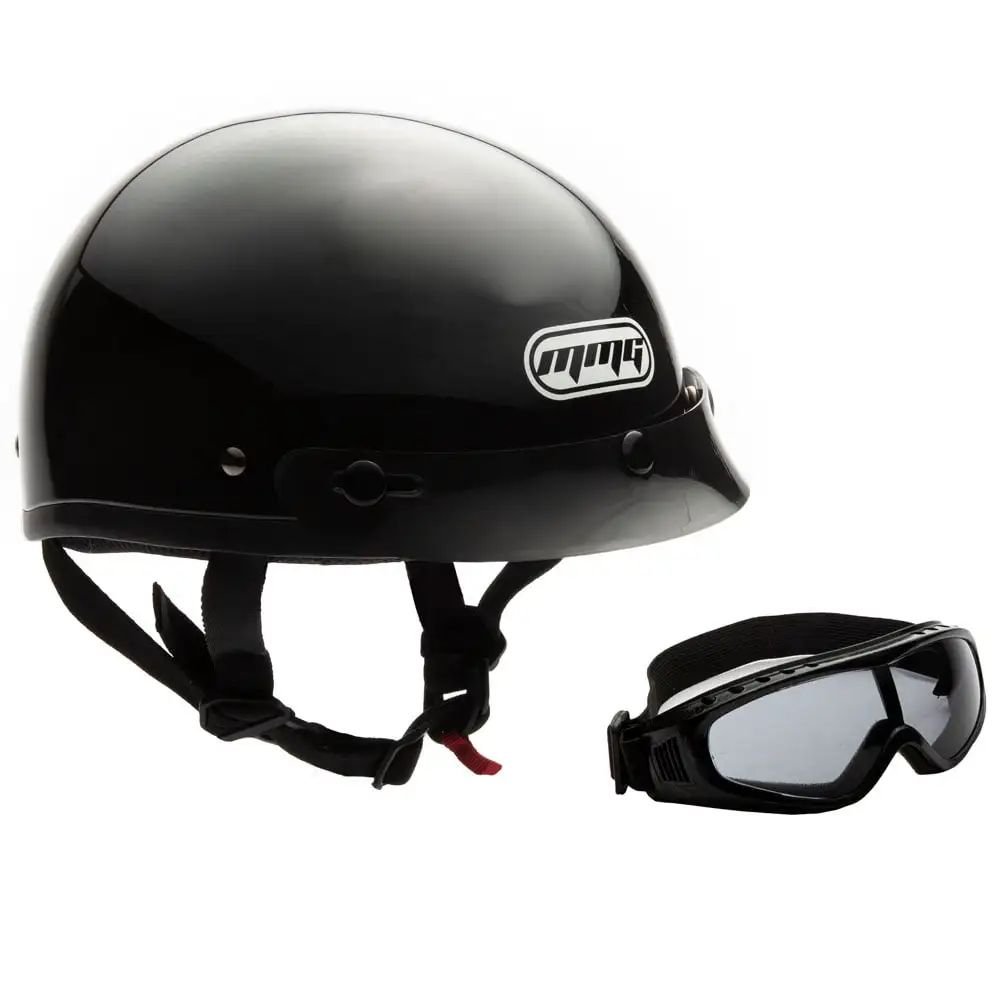 MMG Motorcycle Half Helmet Beanie DOT goggles Gloss Black (Medium) Model 29