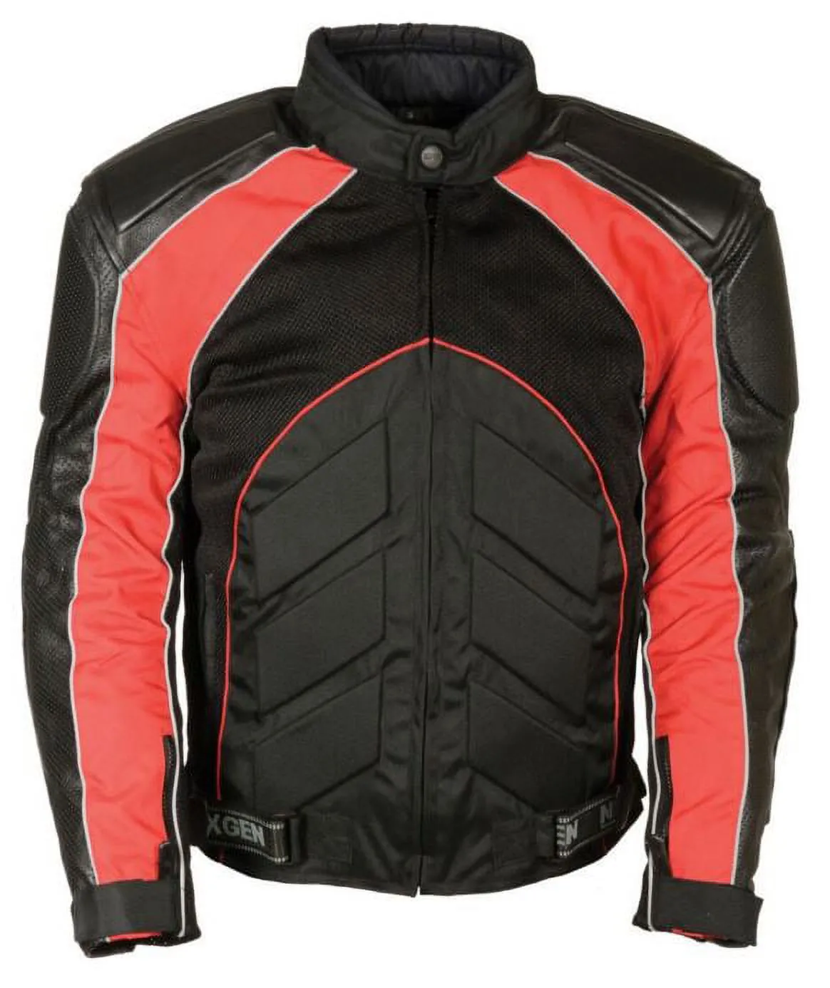 NexGen SH2153 Men's Combo Black and Red Armored Leather and Textile Mesh Moto Jacket Small