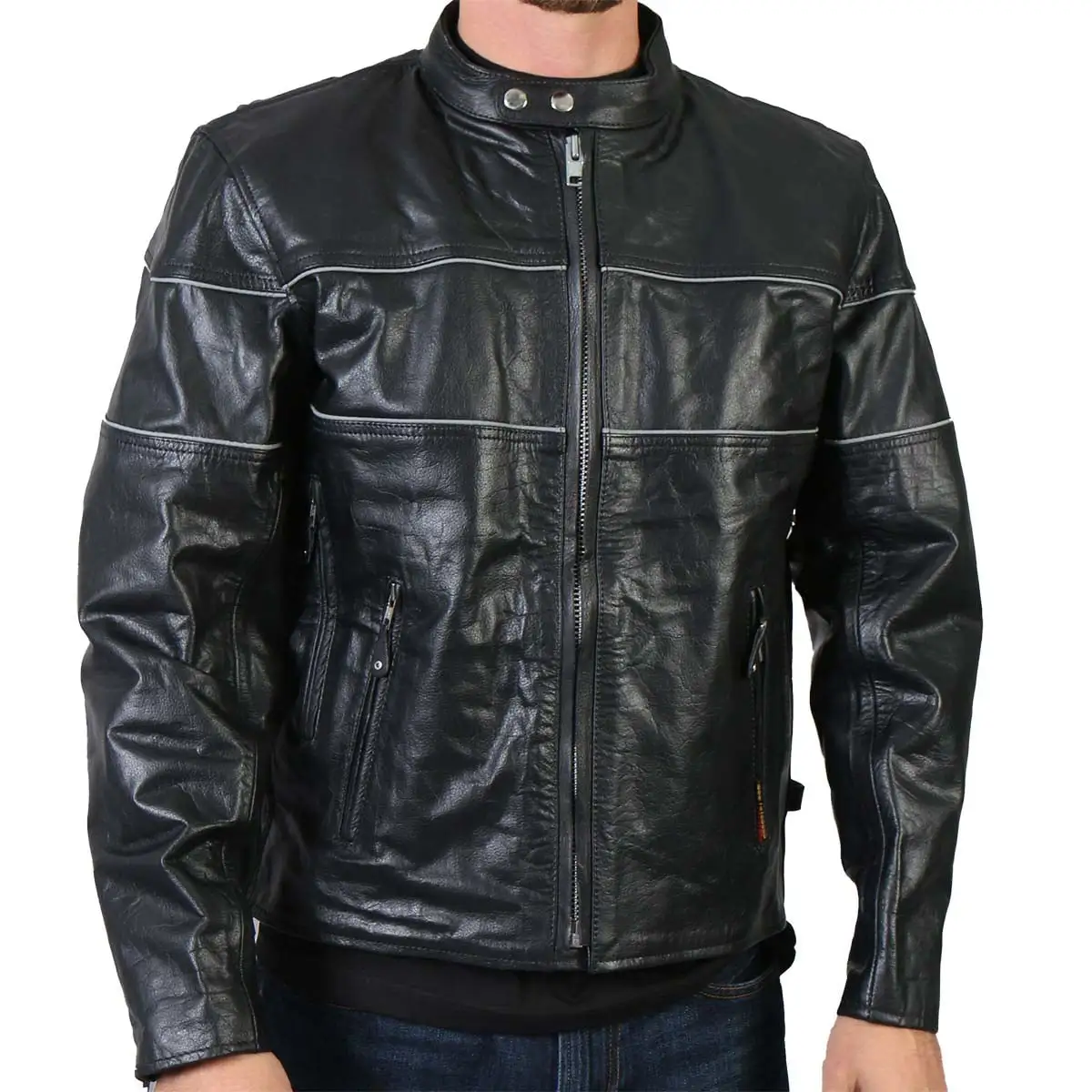 Hot Leathers JKM1004 Men's Leather Vented Scooter Jacket Reflective Piping 50 44