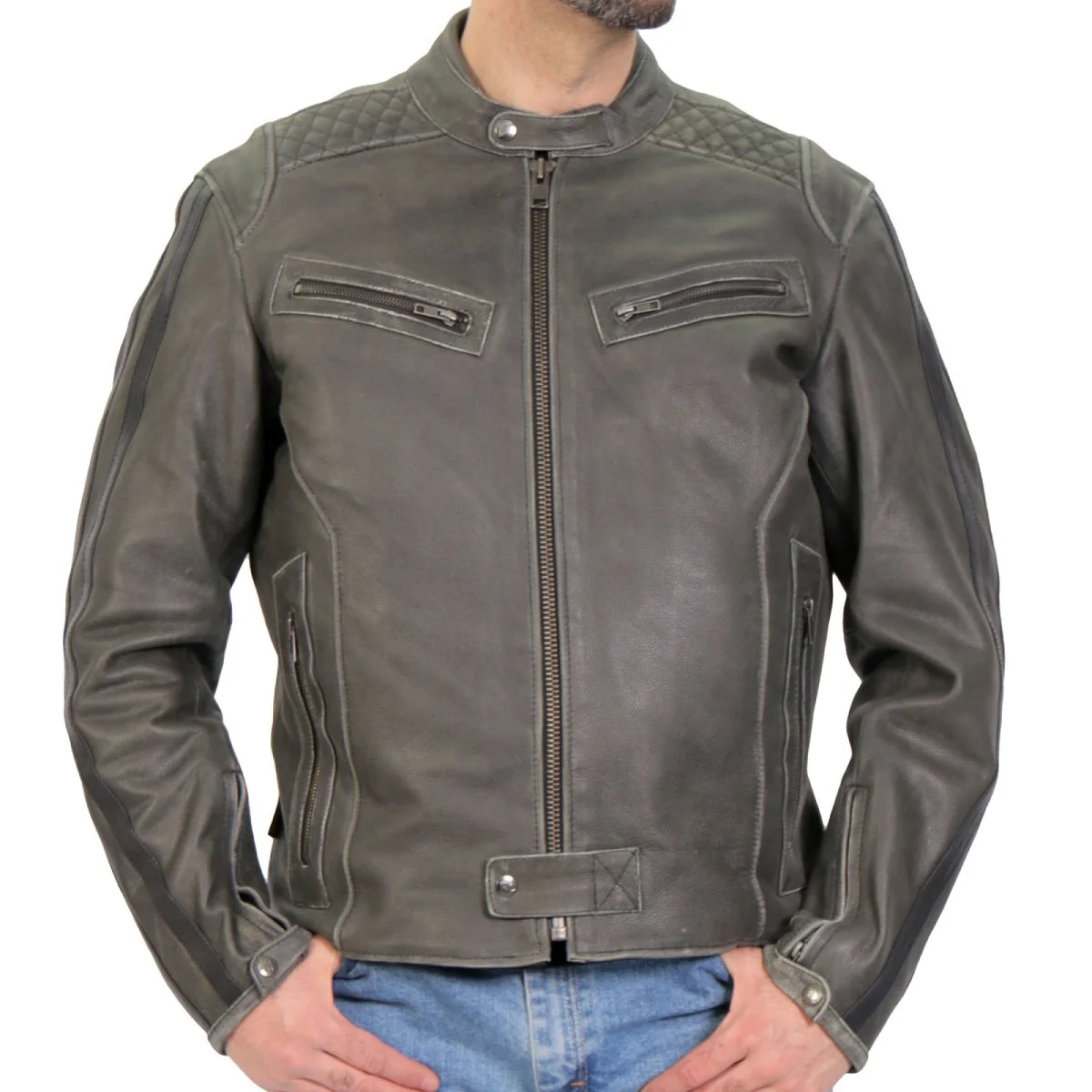 Hot Leathers JKM1033 Men's Distress Grey 'Caf�� Racer' Leather Jacket Carry Pockets 3X-Large M