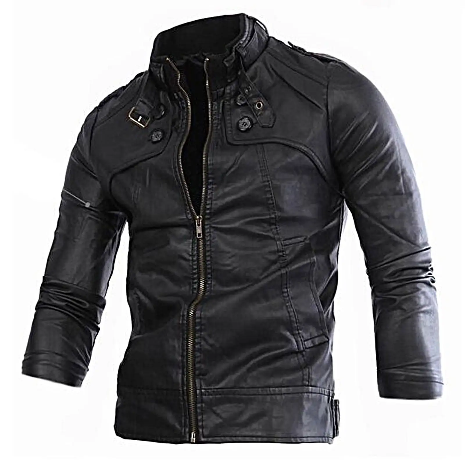Tawop Coats Men Leather Outerwear Coats Motorcycle Long Sleeve Mid-Length Comfort Fit Black Jacket L