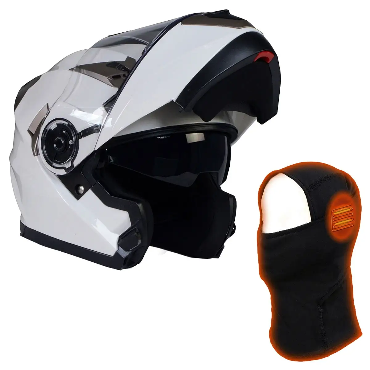 Milwaukee Helmets MPH9807DOT 'Ionized' Gloss White Modular Helmet Men and Women Biker w/ MP7922FMSET Heated Balaclava Bund...