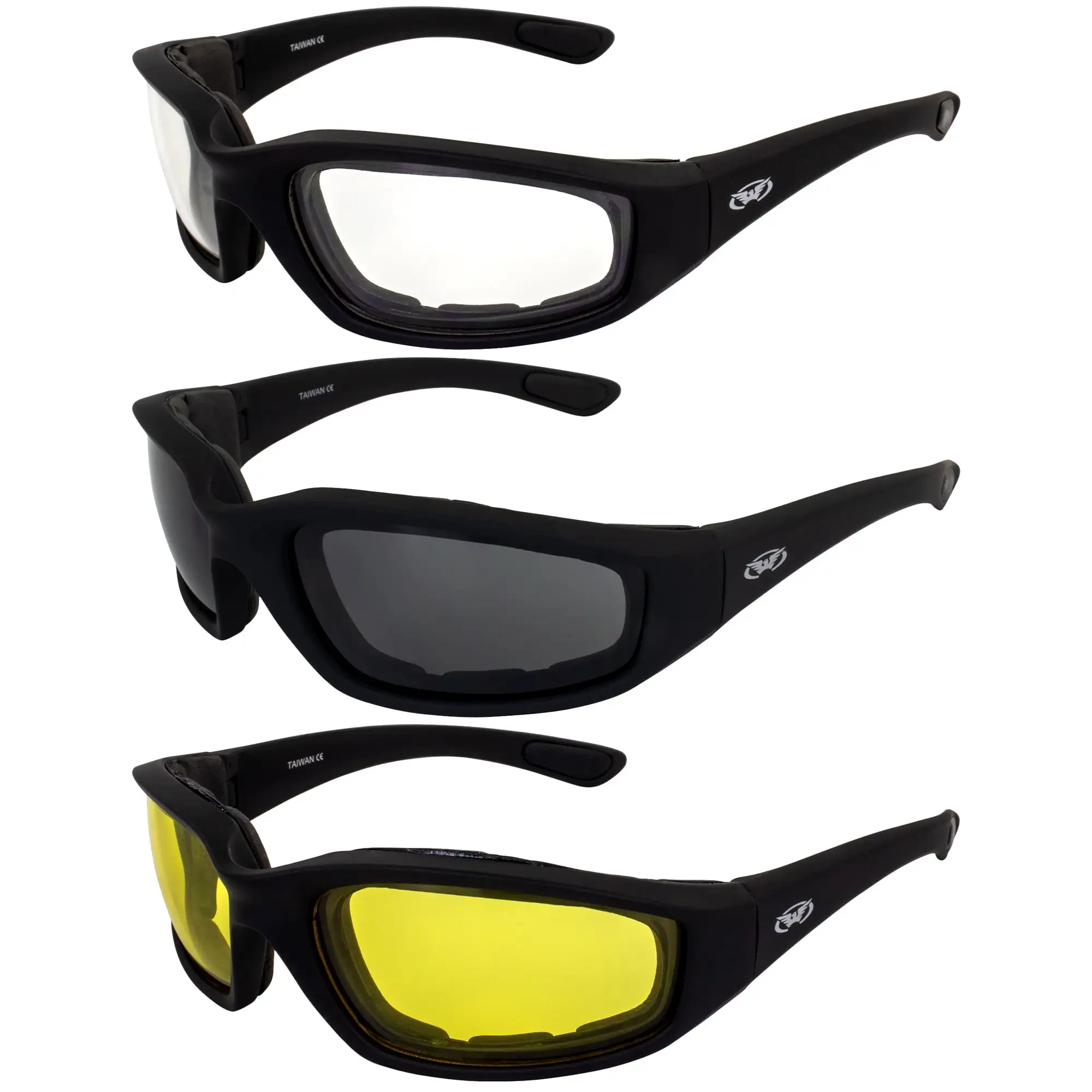 3 Pairs Global Vision Kickback Black Foam Padded Motorcycle Riding Sunglasses 1 Clear Lens 1 Smoke Lens and 1 Yellow Lens