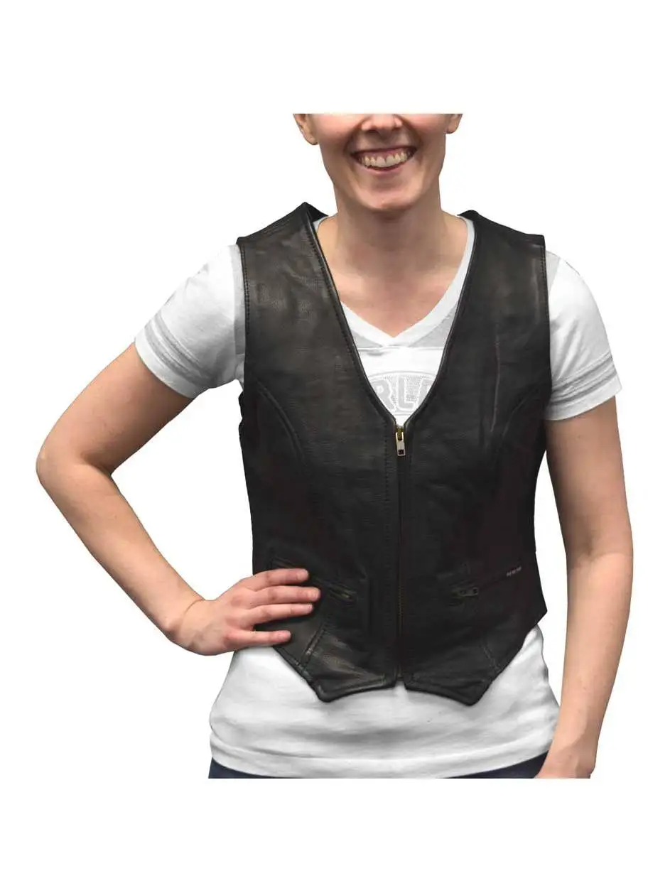 Redline Leather Women's Zip Front Leather Motorcycle Riding Vest. LEV-222 (L)