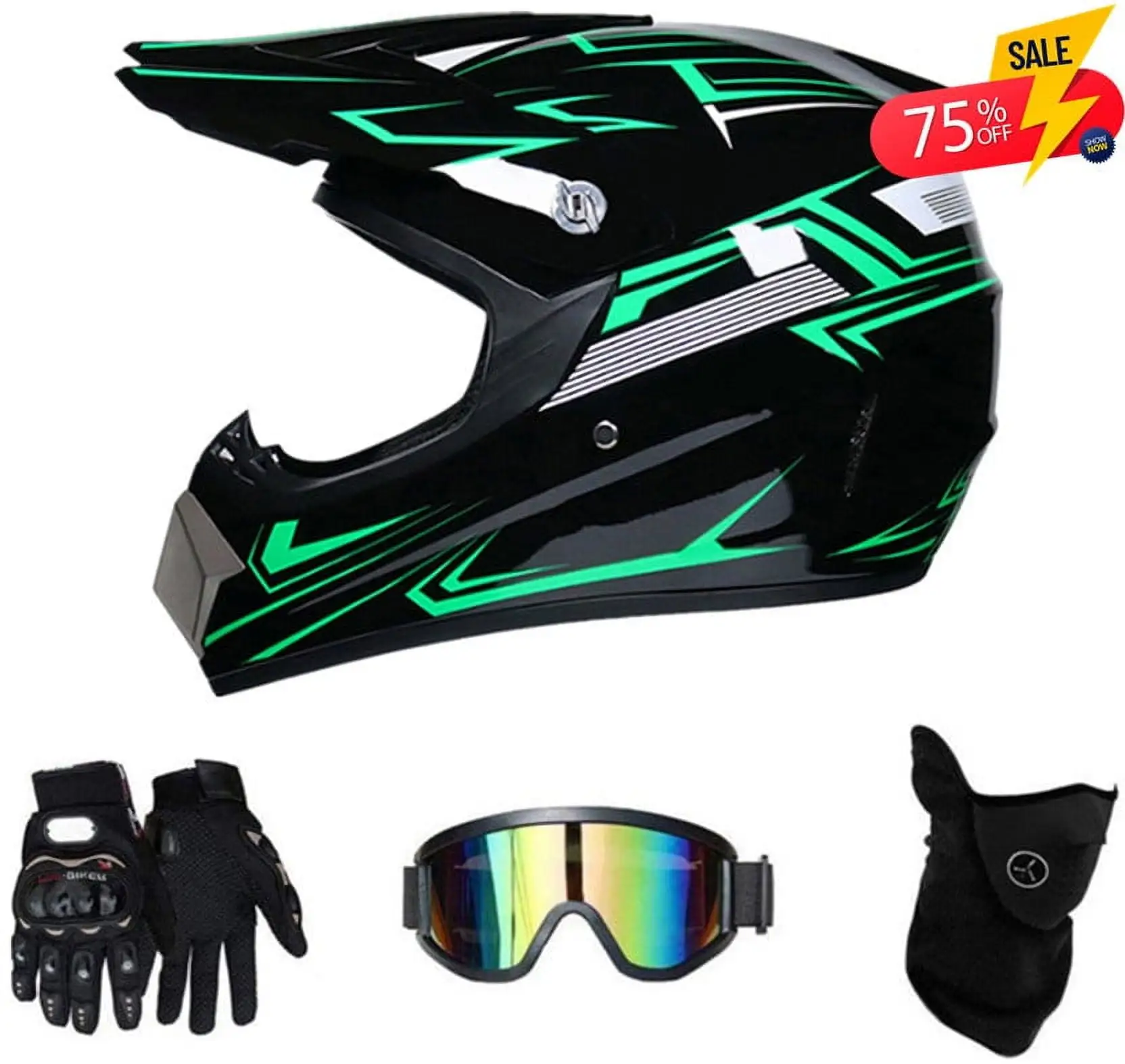 Bstcar Motocross Helmet Youth &Adult Goggles & Gloves Atv Mx Motocross Off road Street Dirt Bike L Size .black&green M