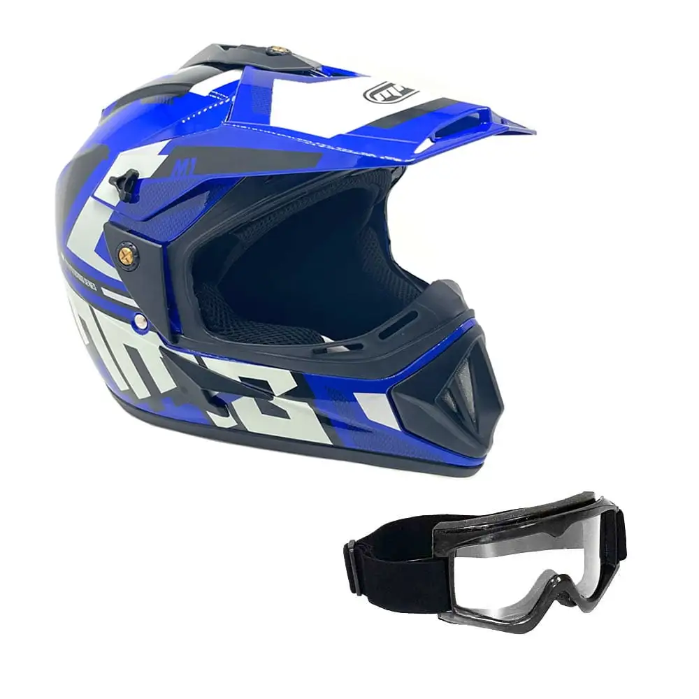 Motorcycle Off-Road Helmet MX ATV Dirt Bike Gloss Blue Graphics Goggles (Medium) Model 31 MMG