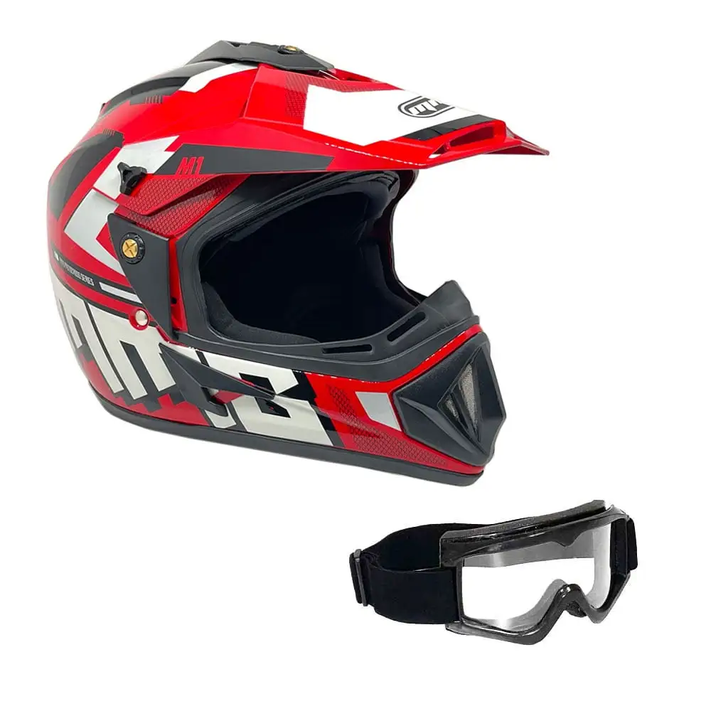 Motorcycle Off-Road Helmet MX ATV Dirt Bike Gloss Red White Graphics Goggles (Large) Model 31 MMG