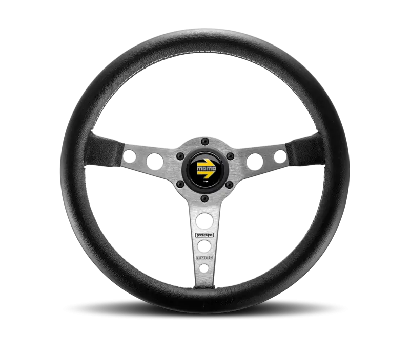 Momo Prototipo Steering Wheel 350 mm Black Leather Wht Stitch Brshd Spokes