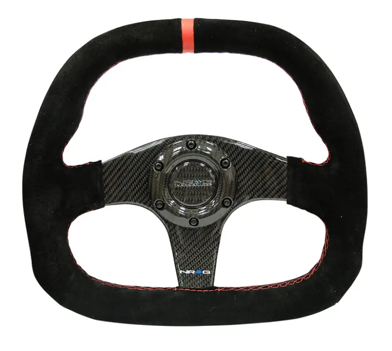 NRG Carbon Fiber Steering Wheel (320mm) Flat Btm. Blk Suede Red Stitch w CF Spokes & Red Center Mark