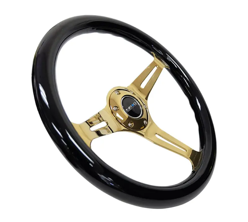 NRG Classic Wood Grain Steering Wheel (350mm) Black Grip w Chrome Gold 3 Spoke Center