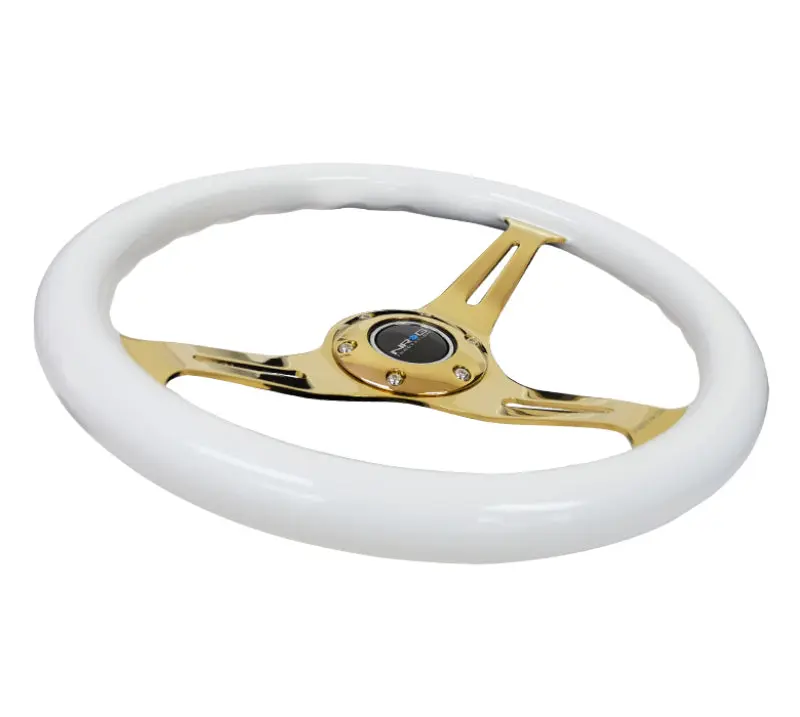 NRG Classic Wood Grain Steering Wheel (350mm) White Grip w Chrome Gold 3 Spoke Center