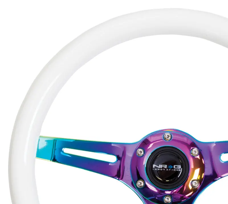 NRG Classic Wood Grain Steering Wheel (350mm) Glow N Dark Green Grip w Neochrome 3 Spoke Center